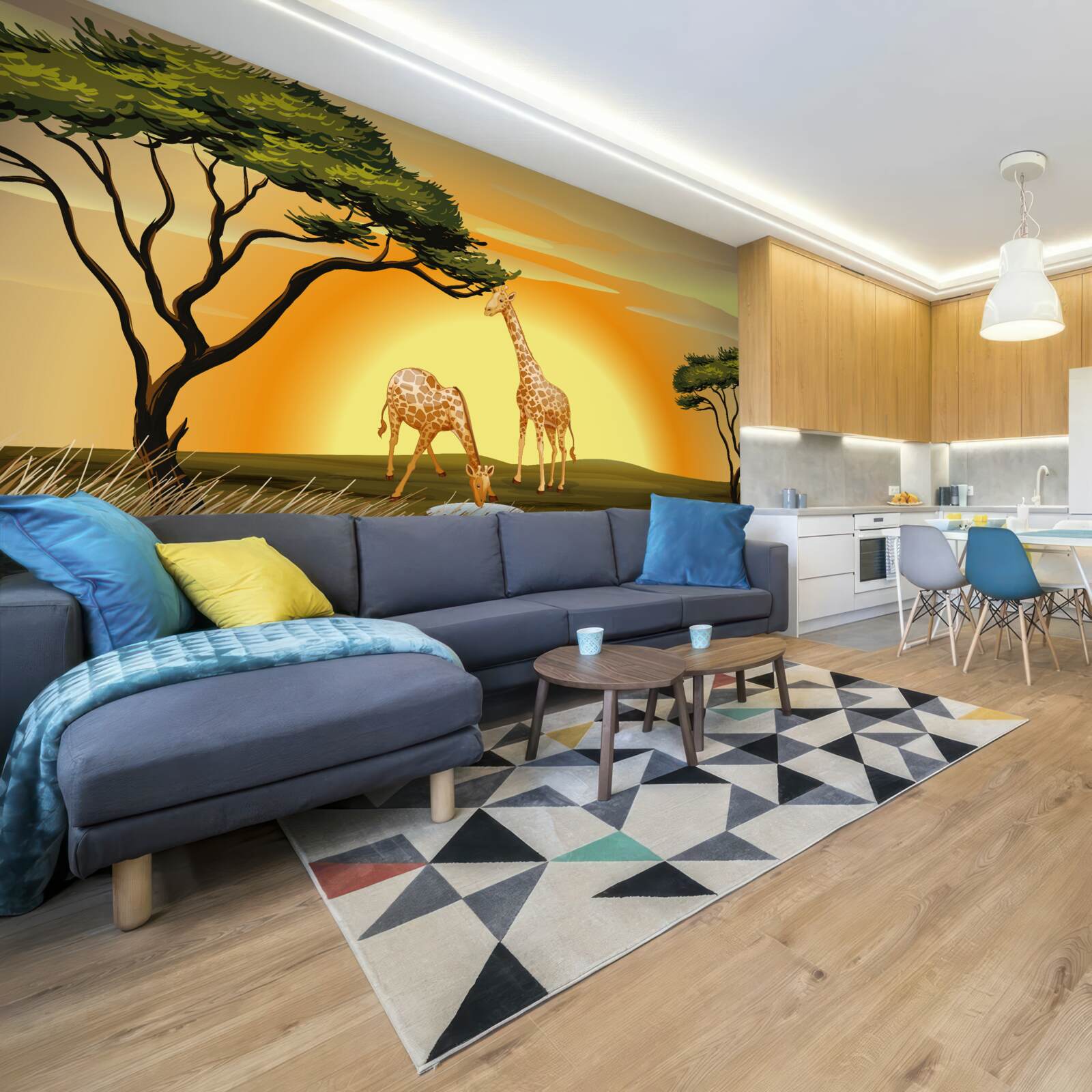 Fotobehang giraffen tegen een achtergrond van zonsondergang in de woestijn