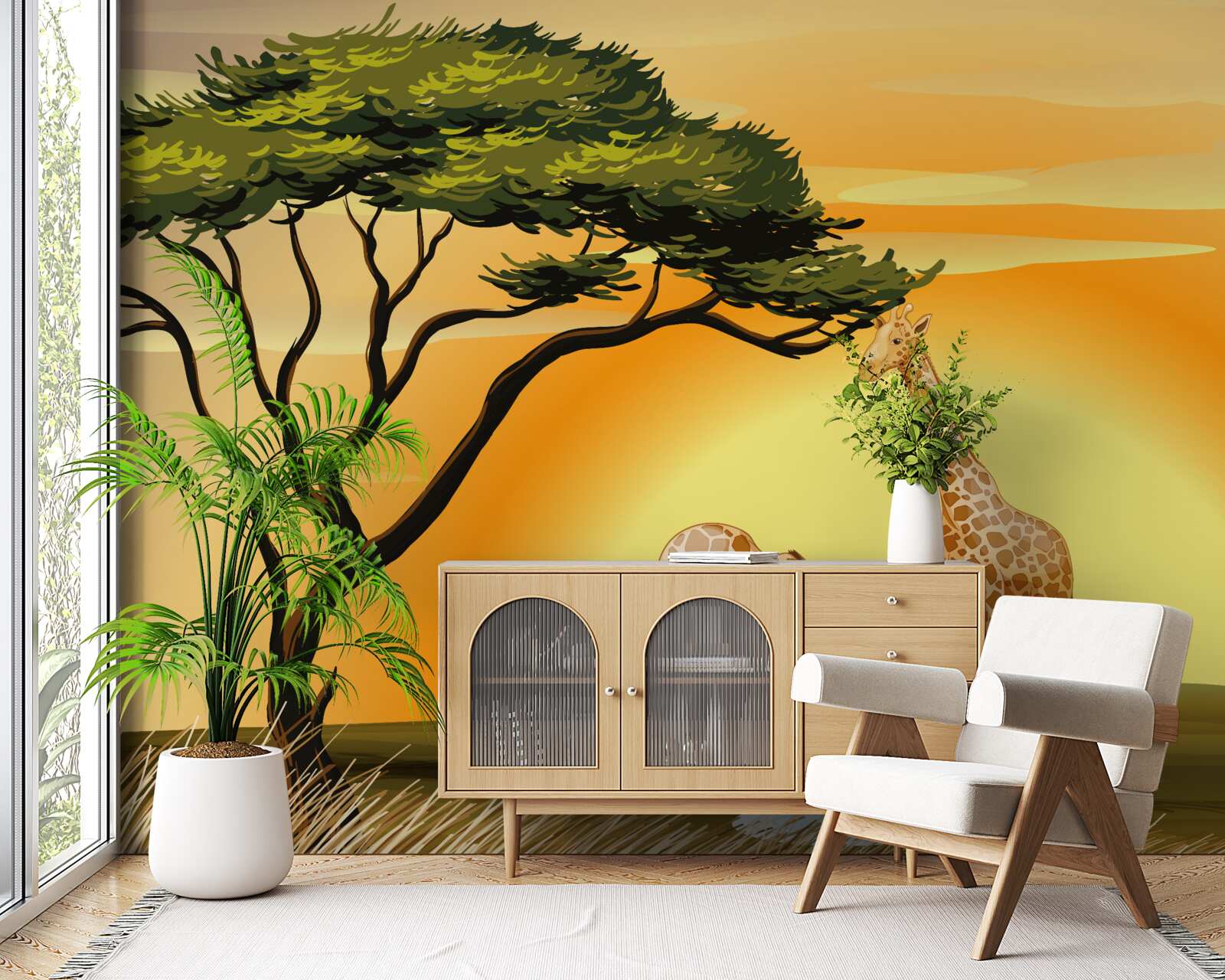 Fotobehang giraffen tegen een achtergrond van zonsondergang in de woestijn