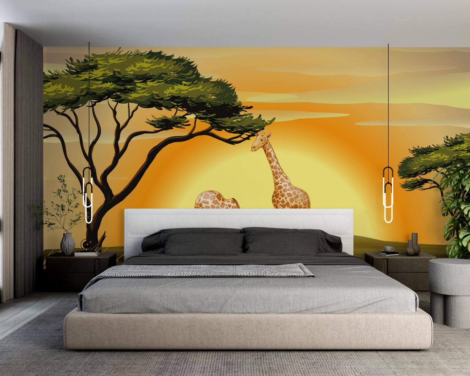 Fotobehang giraffen tegen een achtergrond van zonsondergang in de woestijn