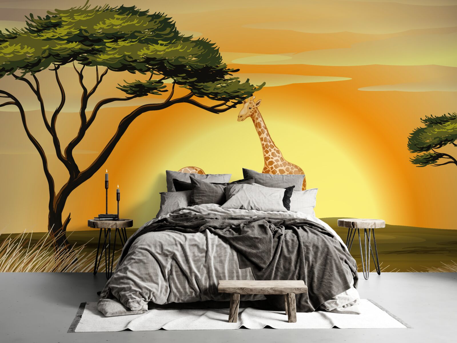 Fotobehang giraffen tegen een achtergrond van zonsondergang in de woestijn