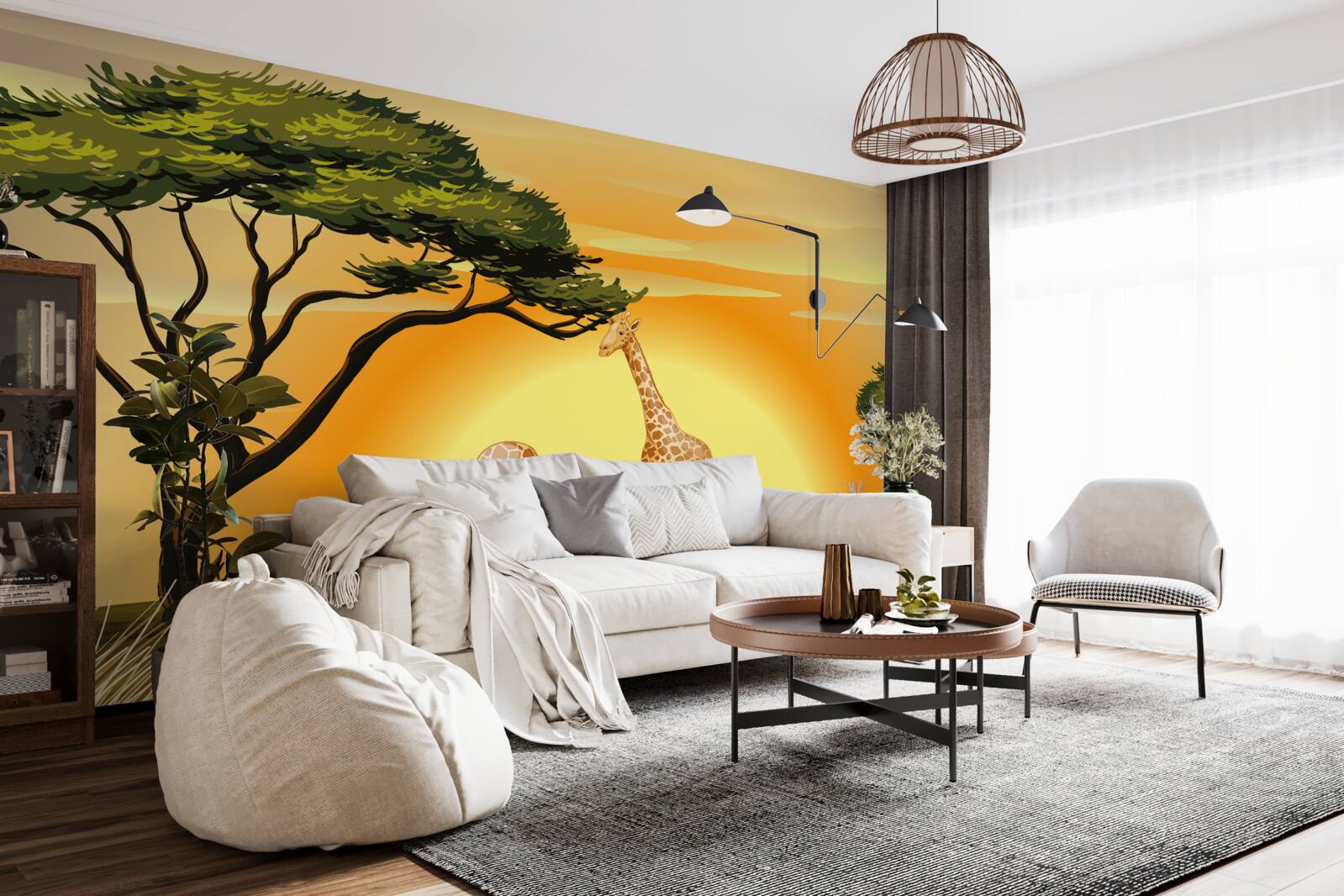 Fotobehang giraffen tegen een achtergrond van zonsondergang in de woestijn