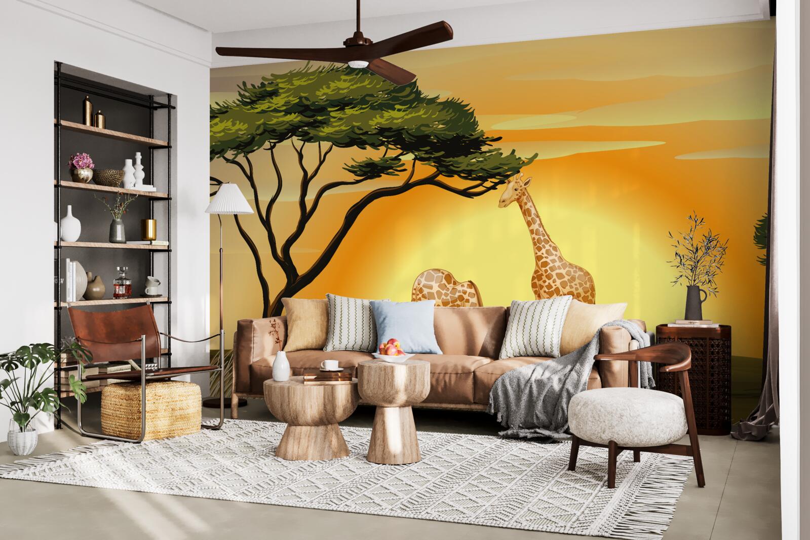 Fotobehang giraffen tegen een achtergrond van zonsondergang in de woestijn