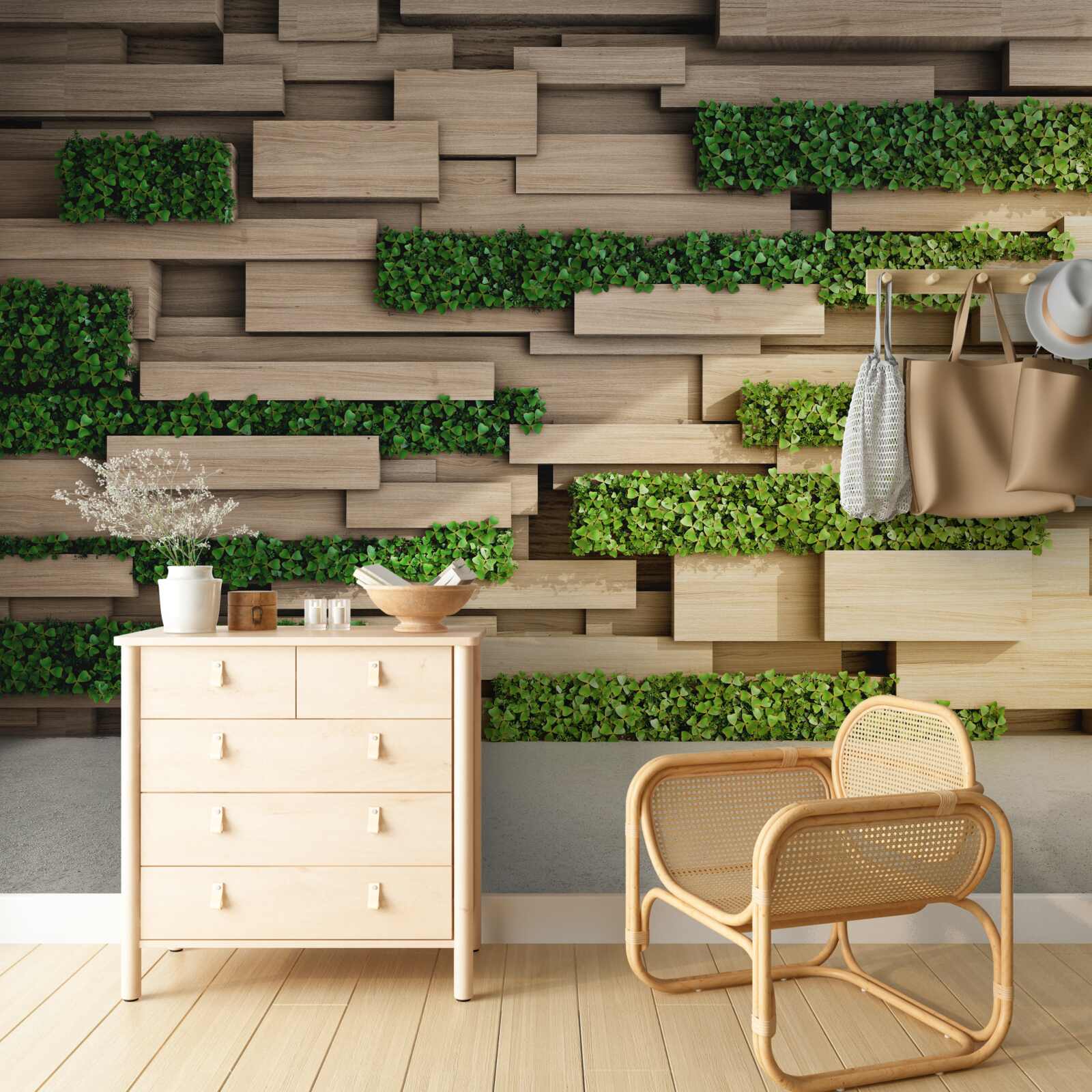 Fotobehang groen mos en stenen muur