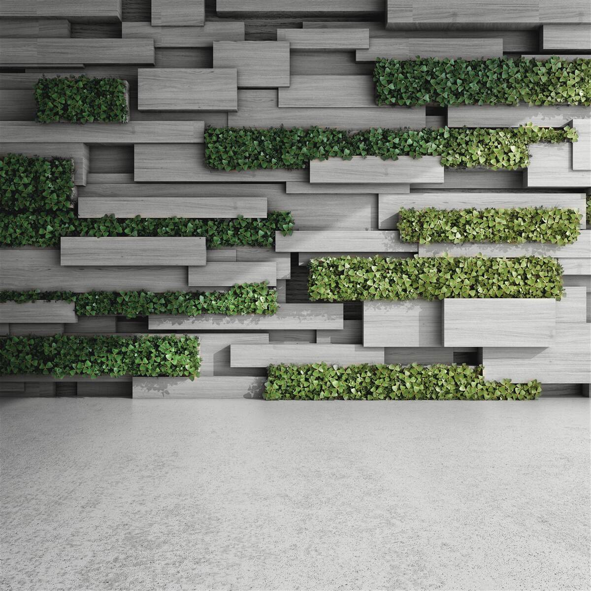 Fotobehang stenen muur versierd met groene planten