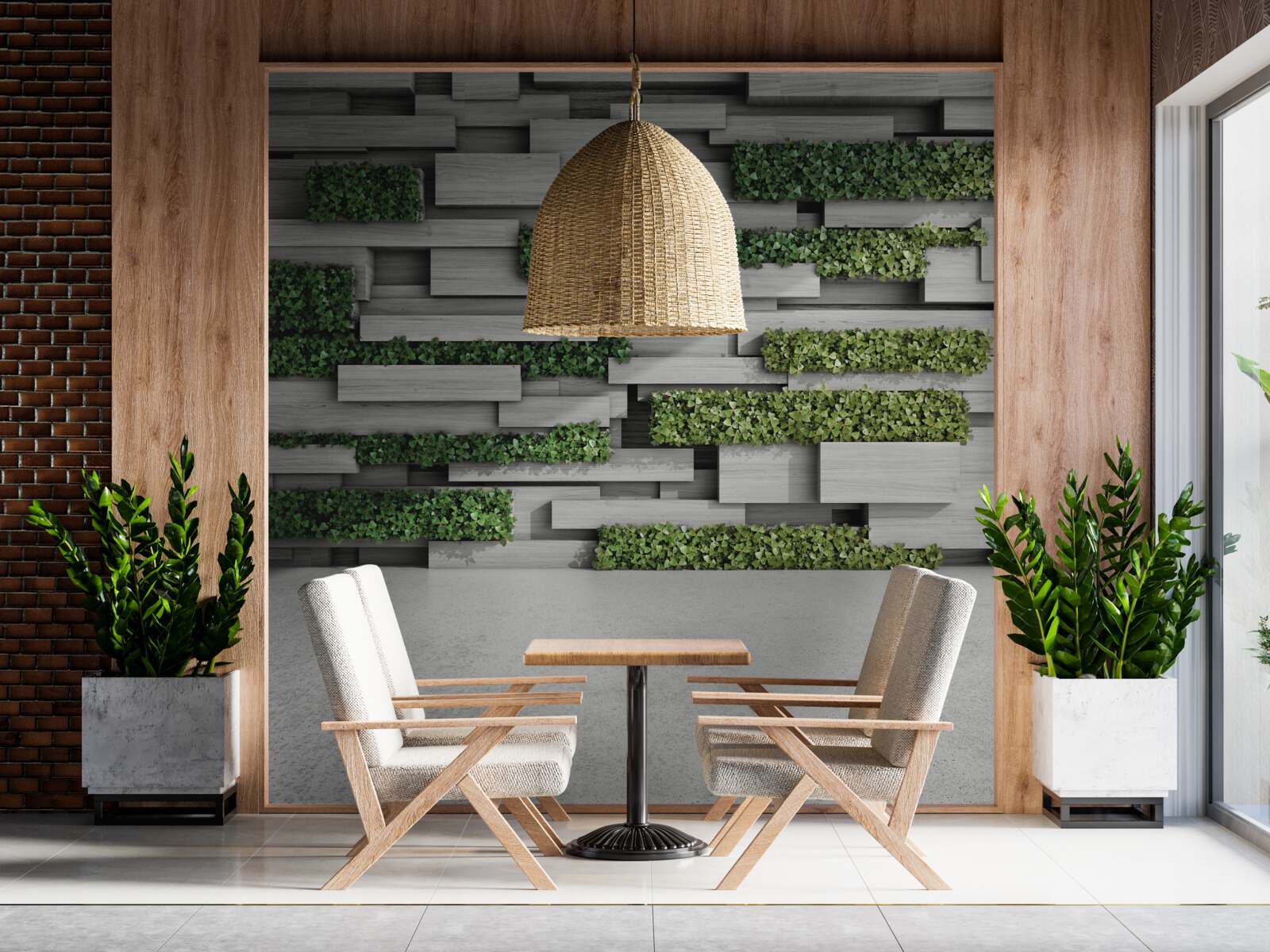 Fotobehang stenen muur versierd met groene planten