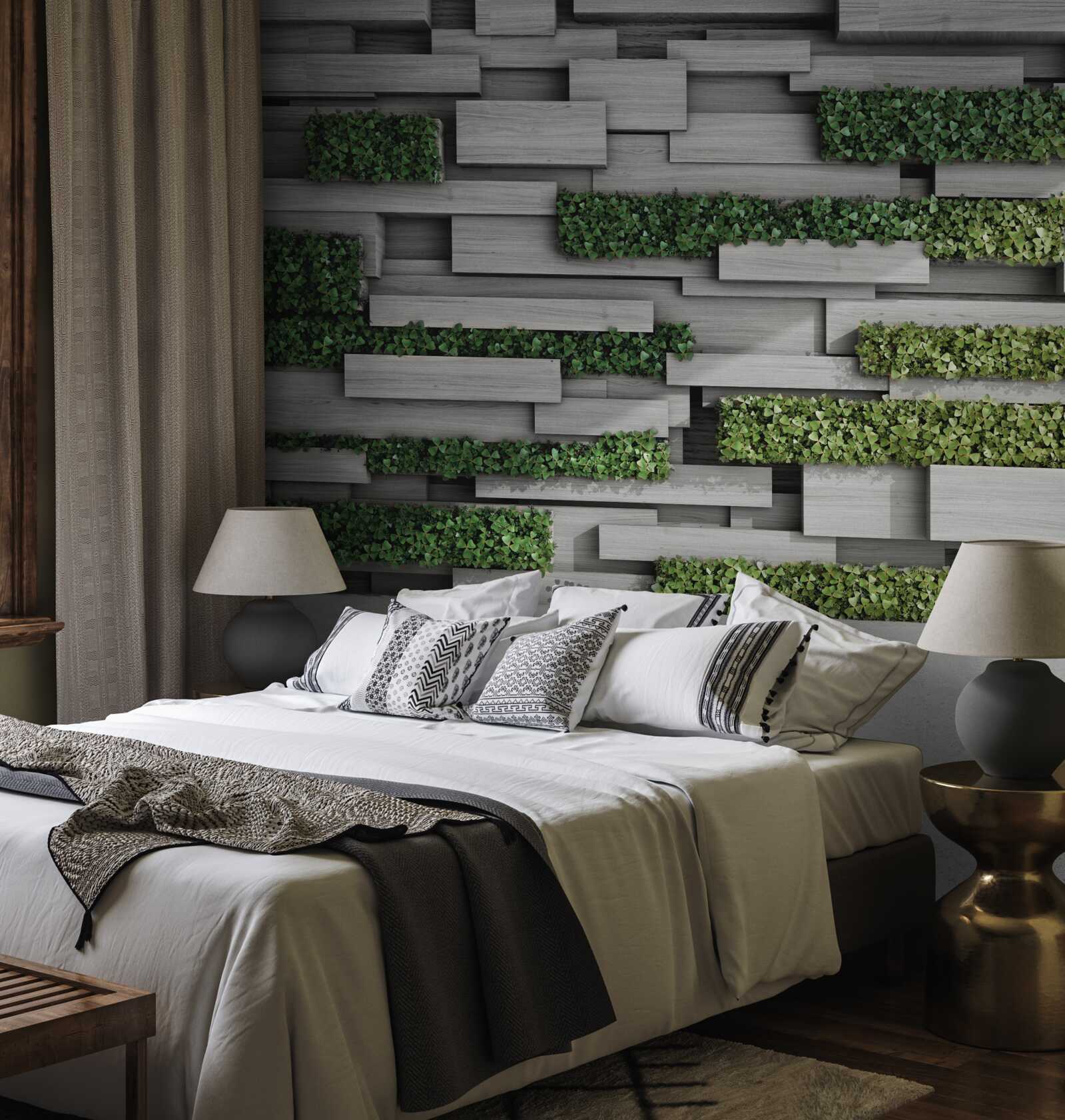 Fotobehang stenen muur versierd met groene planten