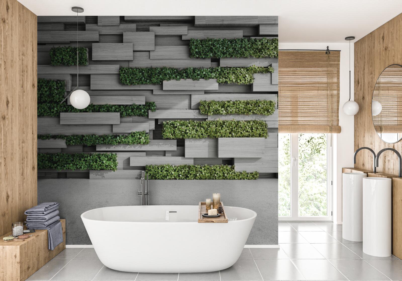 Fotobehang stenen muur versierd met groene planten