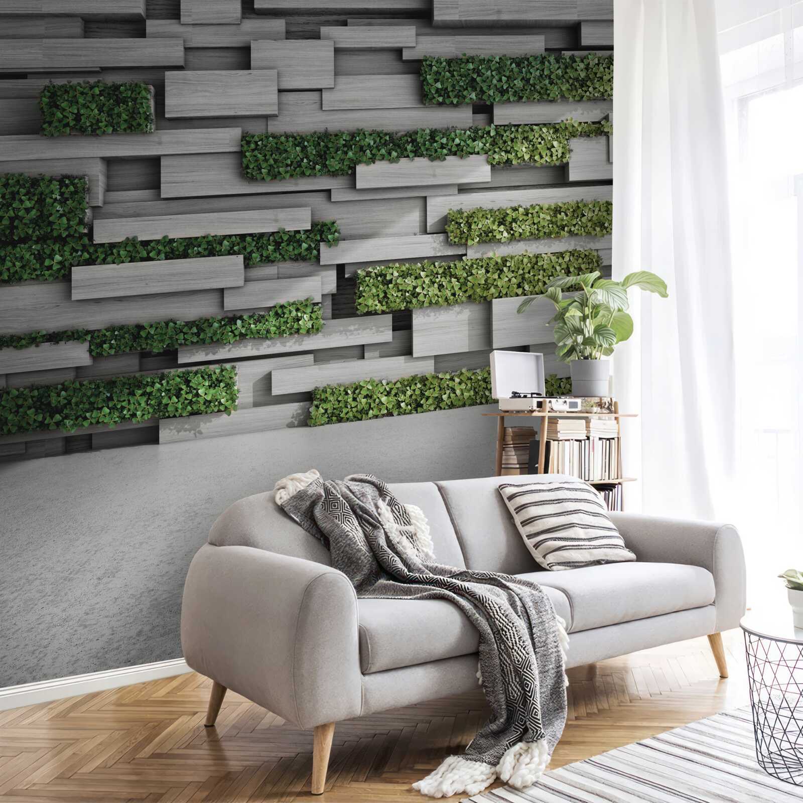 Fotobehang stenen muur versierd met groene planten