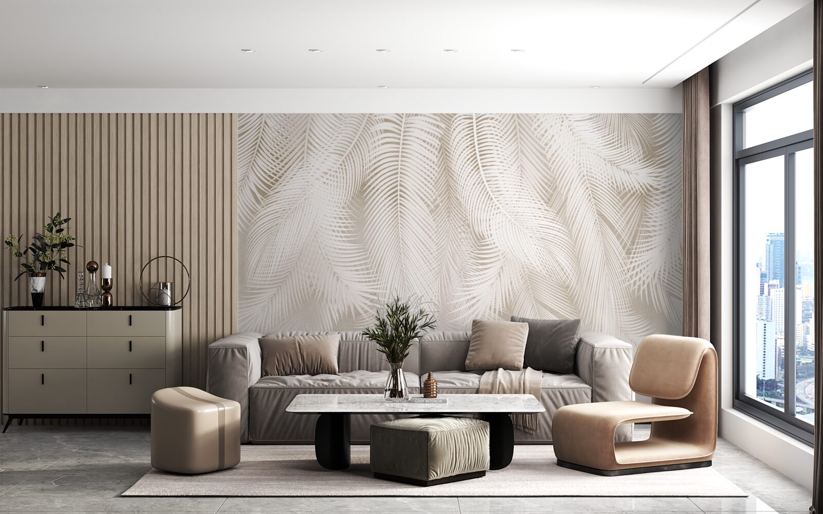 Fotobehang heldere varens tegen een achtergrond van lichte tinten