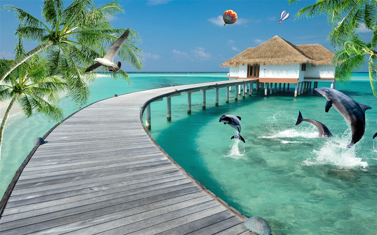 Fotobehang houten brug over hemelse wateren