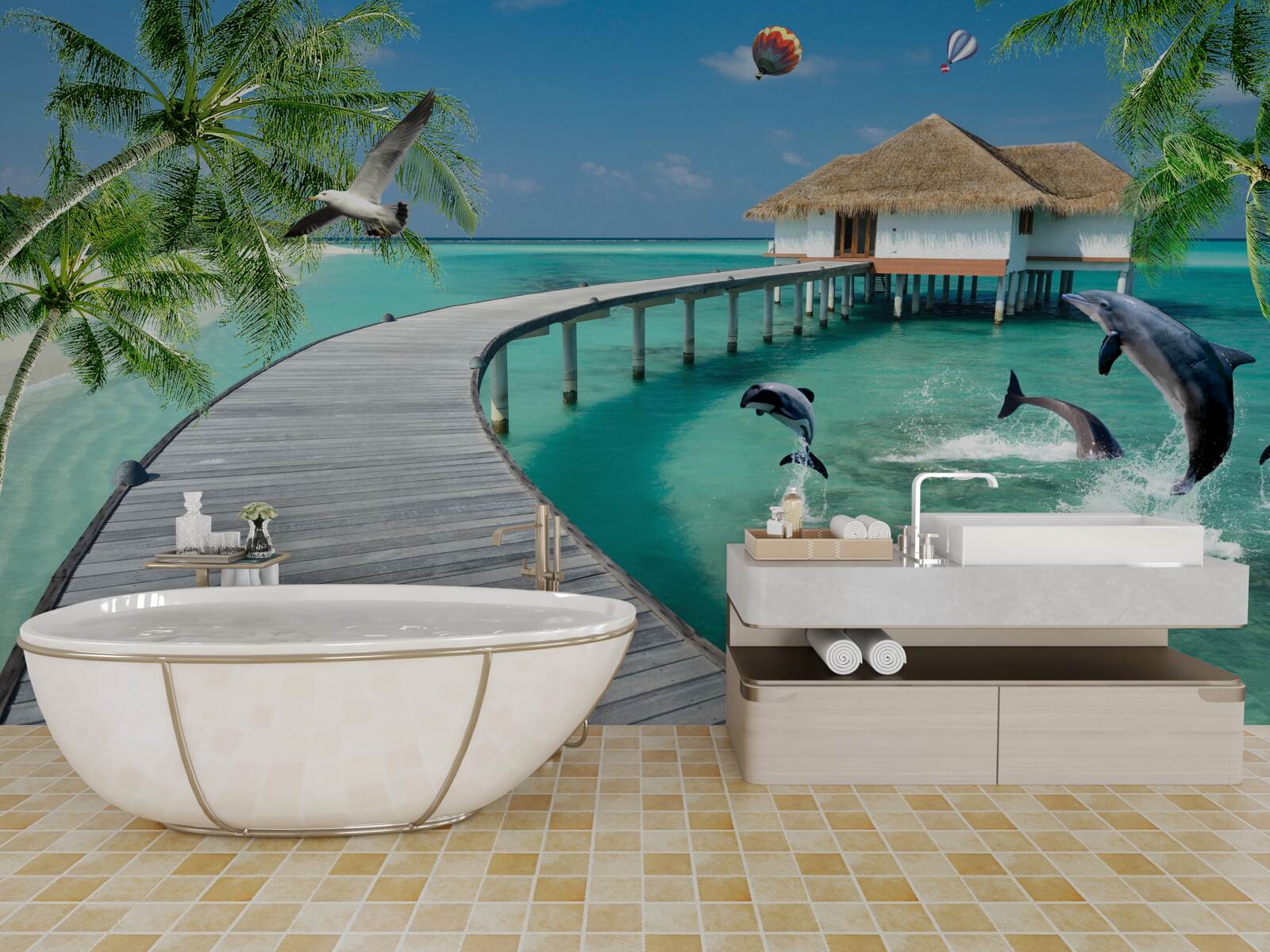 Fotobehang houten brug over hemelse wateren