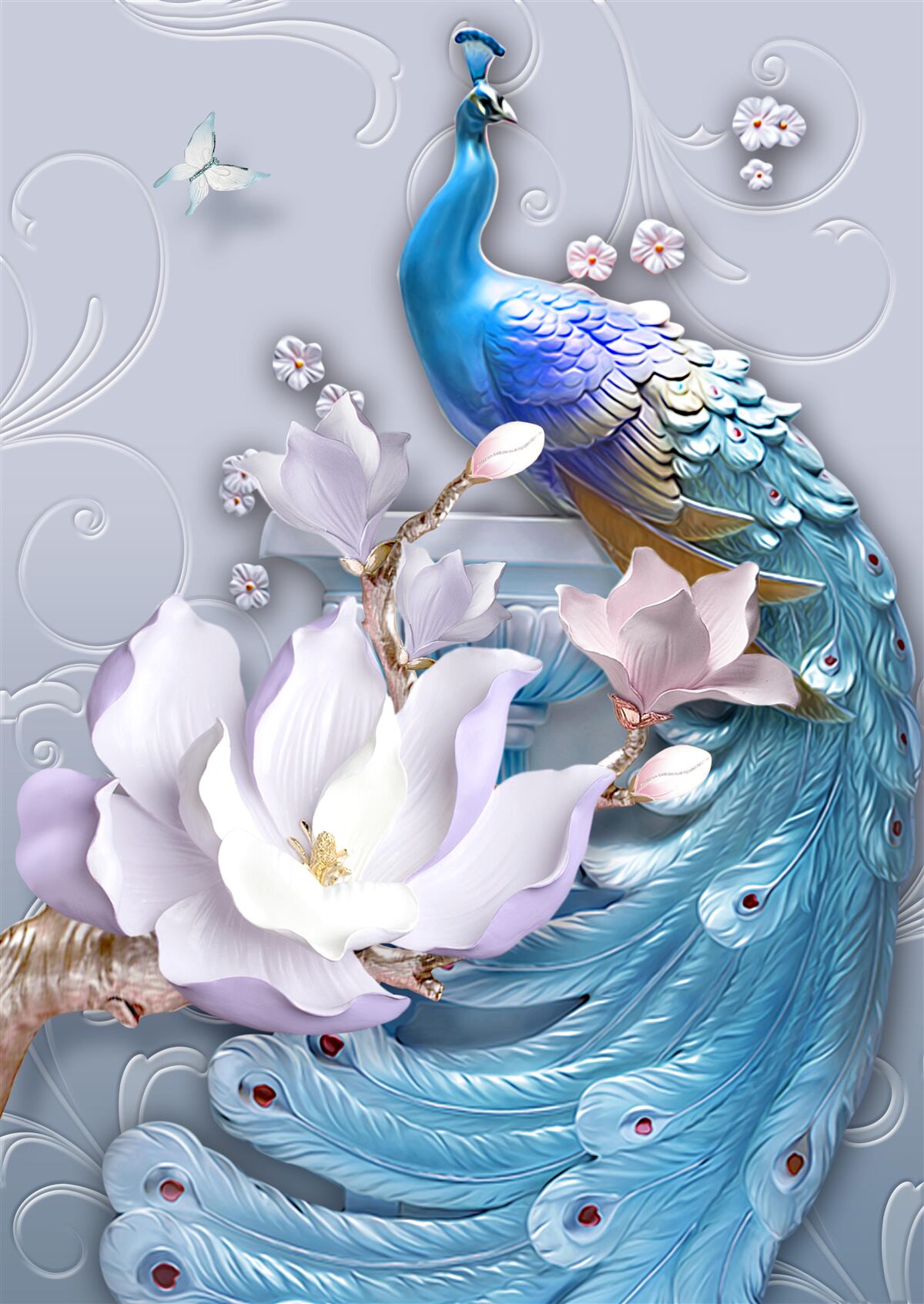 Fotobehang prachtige pauw met een borstelige staart geschilderd in heldere tinten