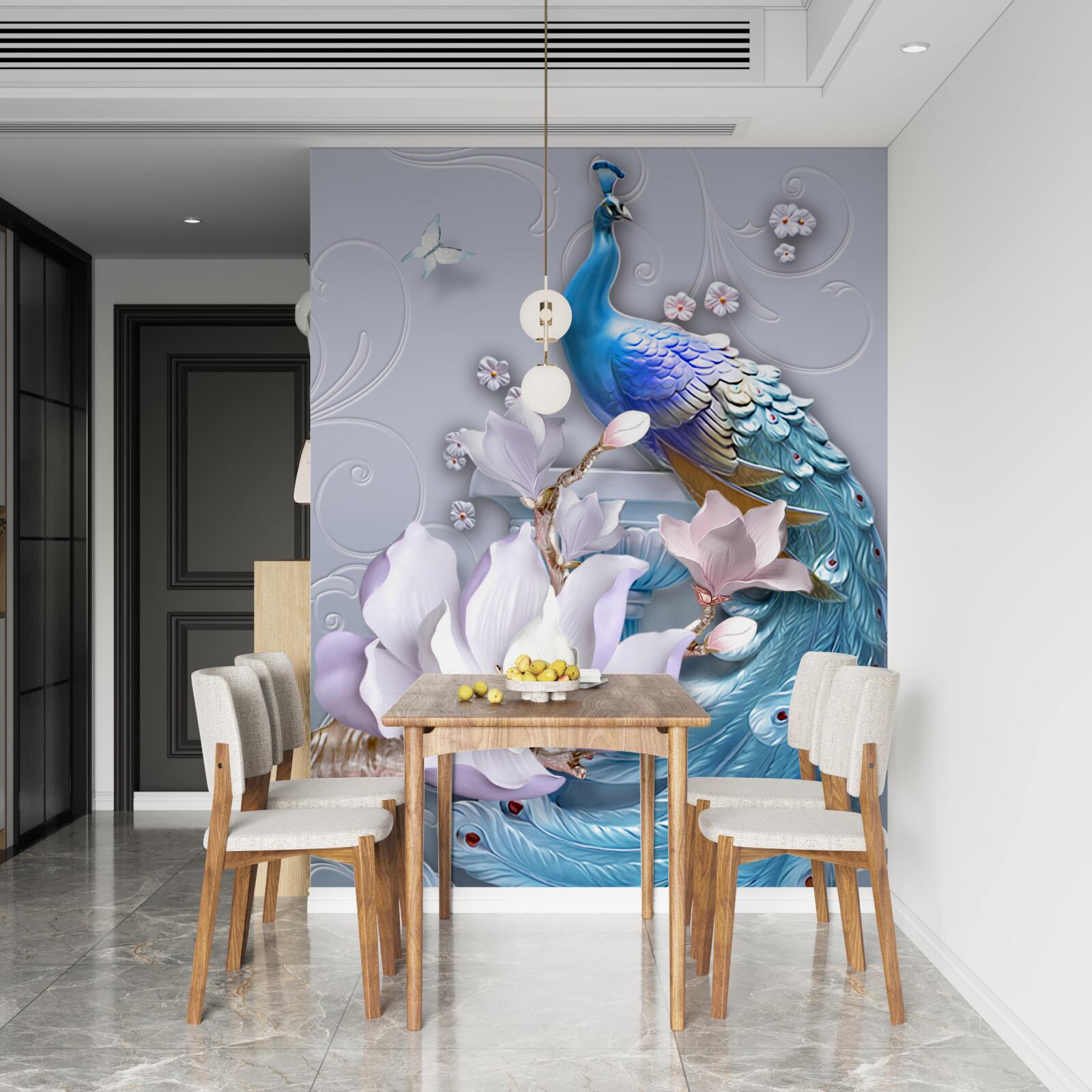 Fotobehang prachtige pauw met een borstelige staart geschilderd in heldere tinten