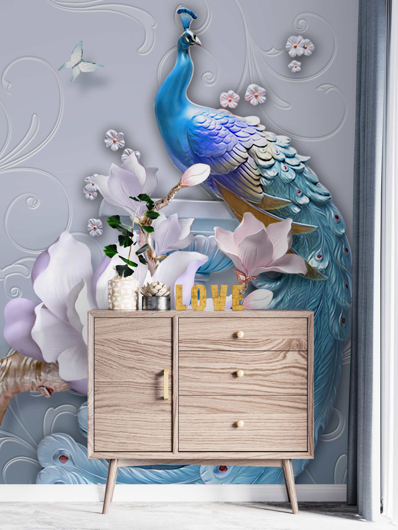 Fotobehang prachtige pauw met een borstelige staart geschilderd in heldere tinten