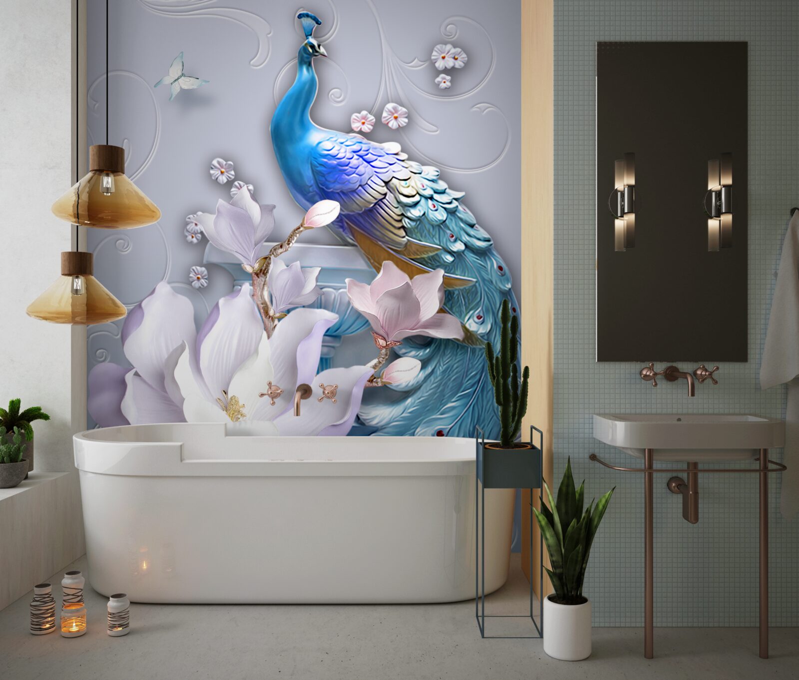 Fotobehang prachtige pauw met een borstelige staart geschilderd in heldere tinten