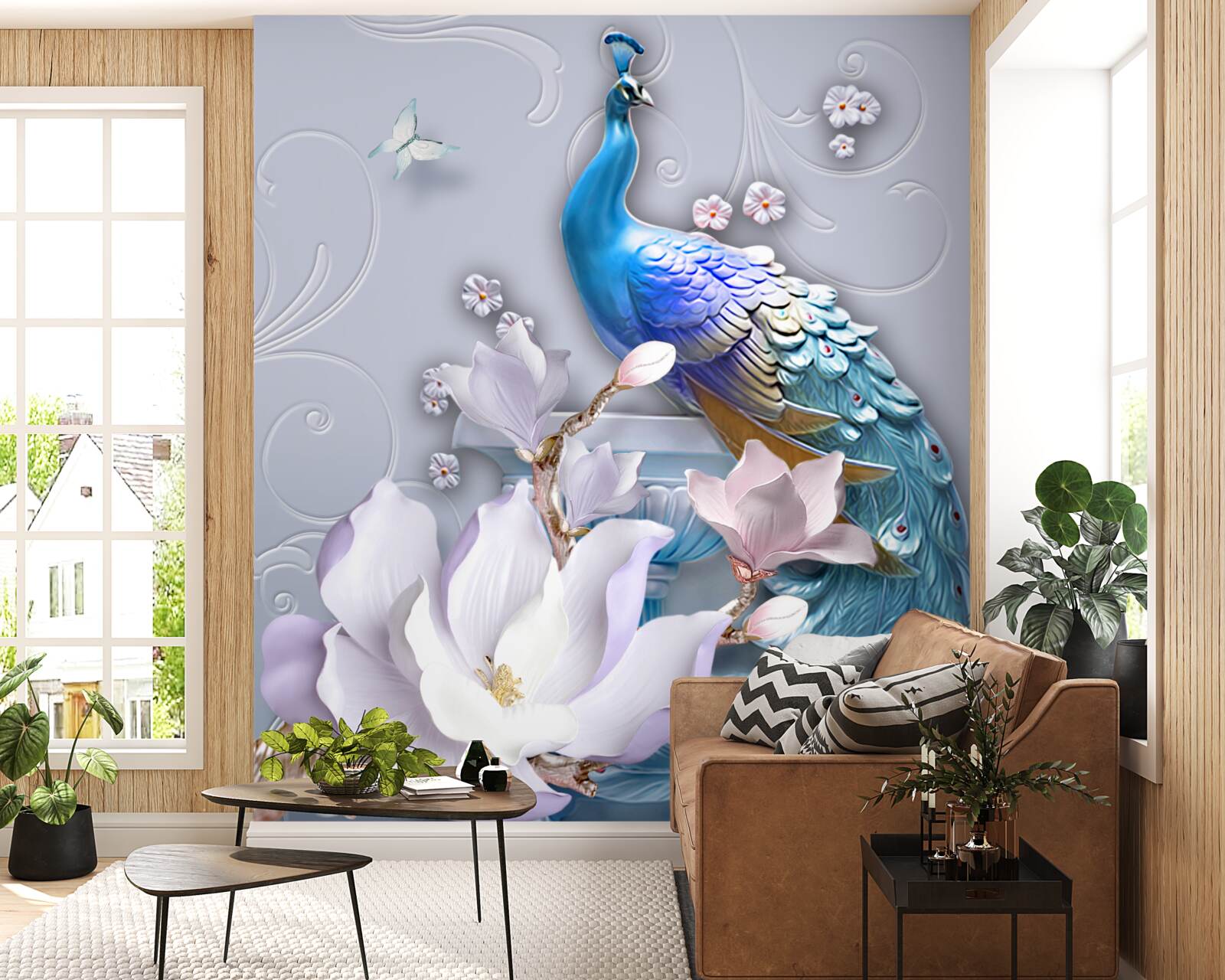 Fotobehang prachtige pauw met een borstelige staart geschilderd in heldere tinten