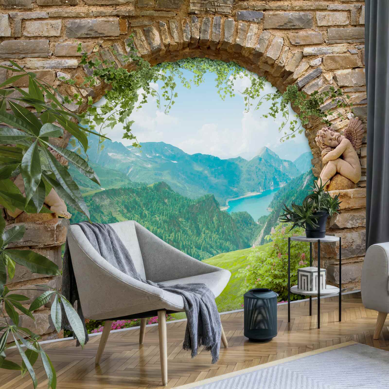 Fotobehang oude stenen boog met beeld van engelen en panorama van bergen