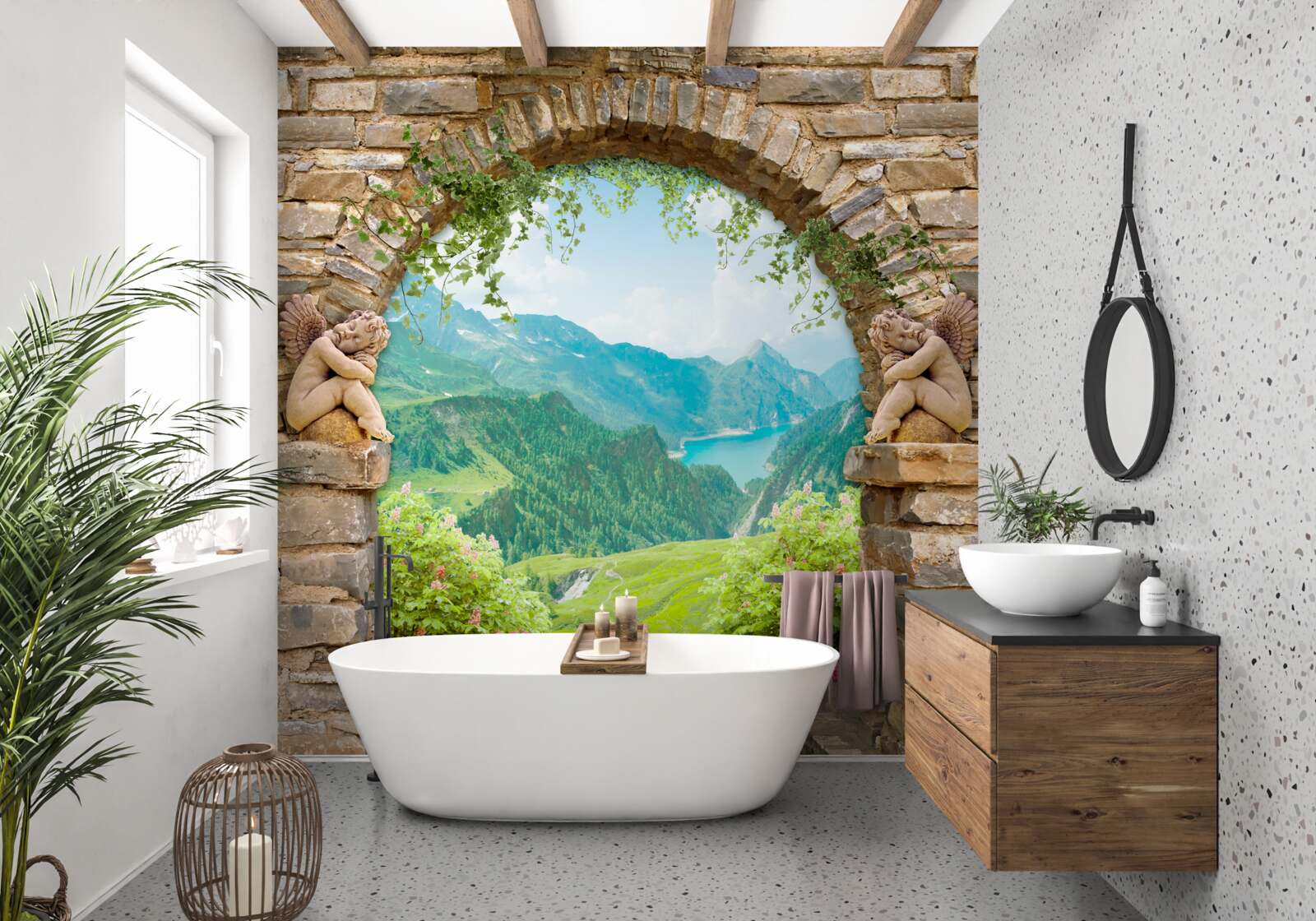 Fotobehang oude stenen boog met beeld van engelen en panorama van bergen