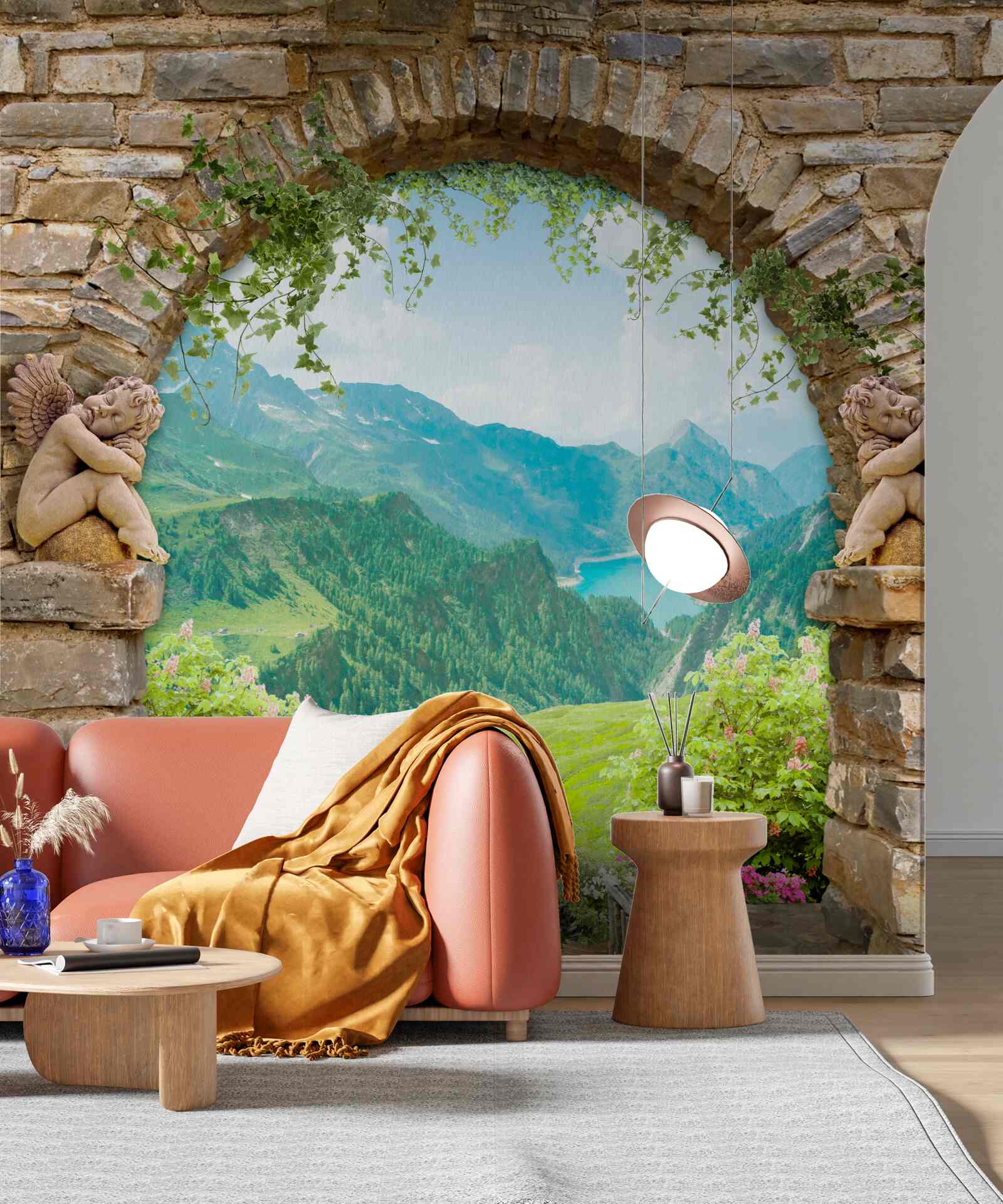 Fotobehang oude stenen boog met beeld van engelen en panorama van bergen