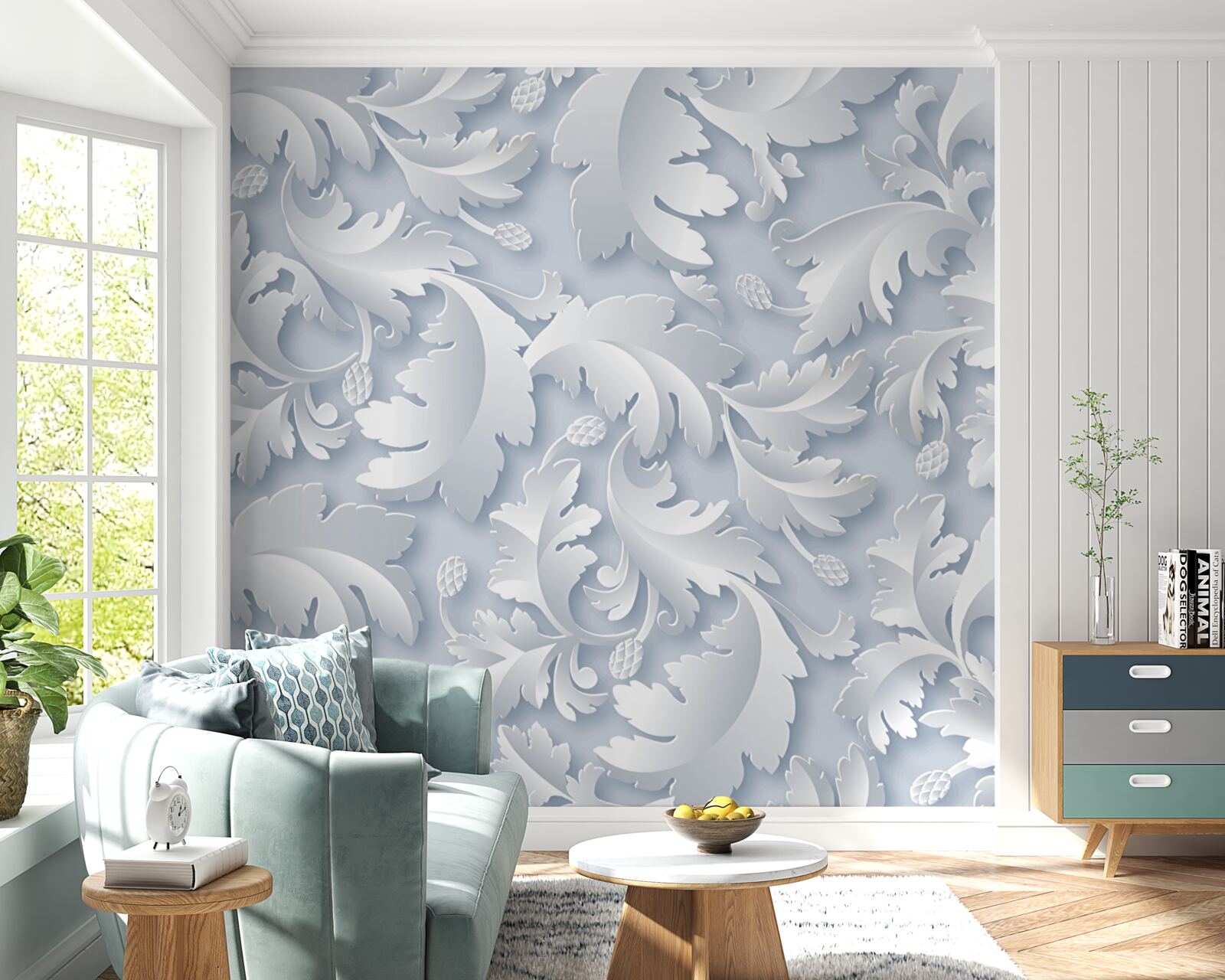 Fotobehang abstract met witte en zilveren bladeren