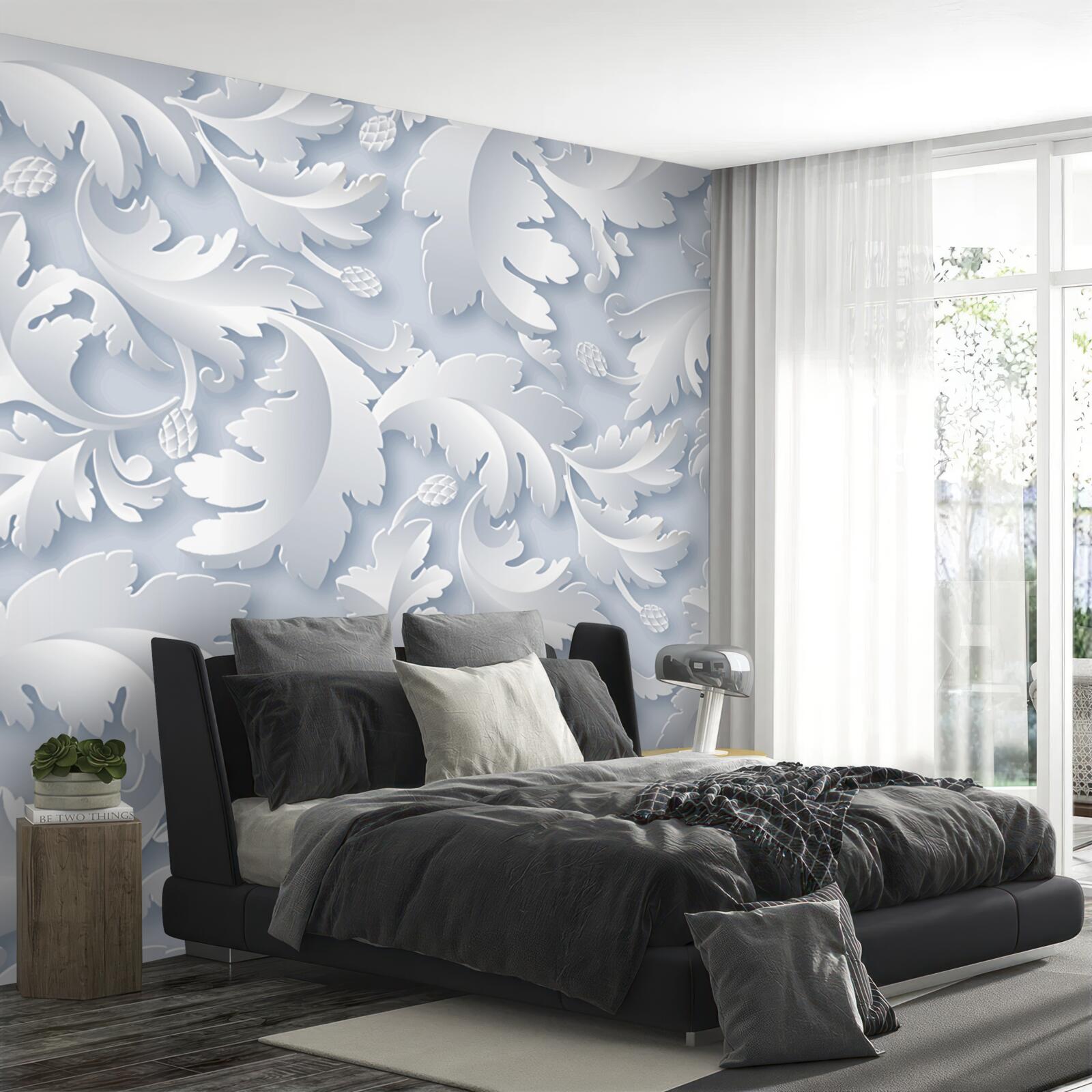 Fotobehang abstract met witte en zilveren bladeren