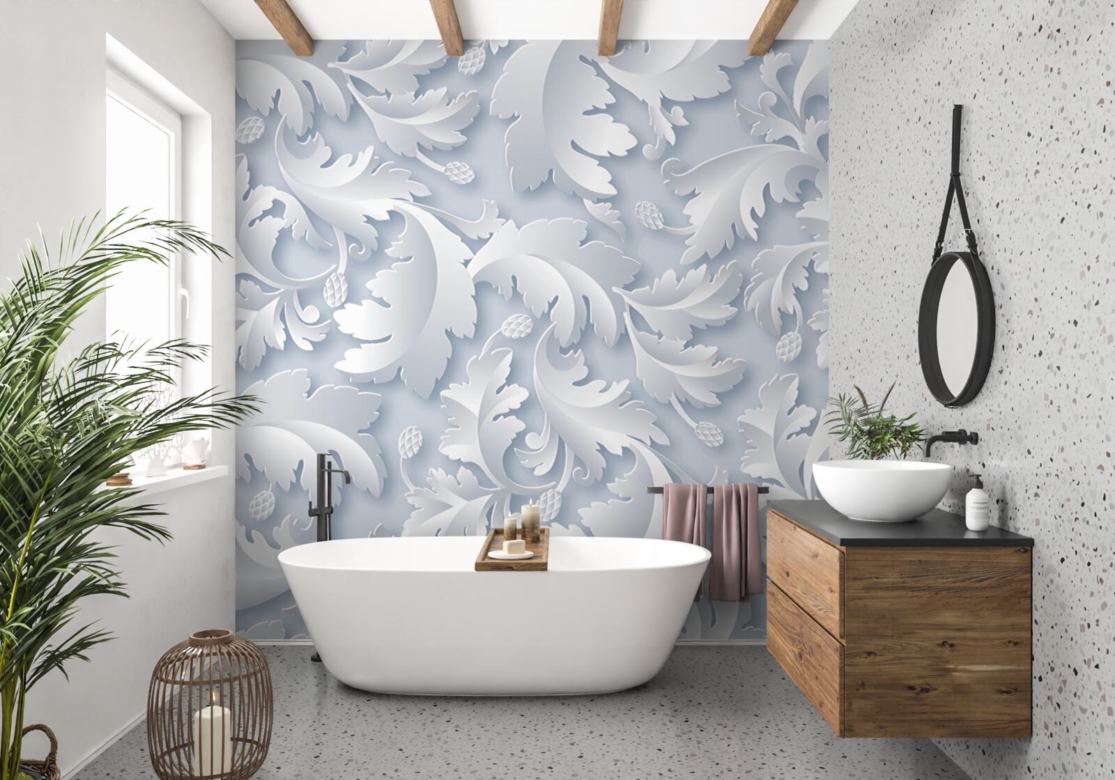 Fotobehang abstract met witte en zilveren bladeren