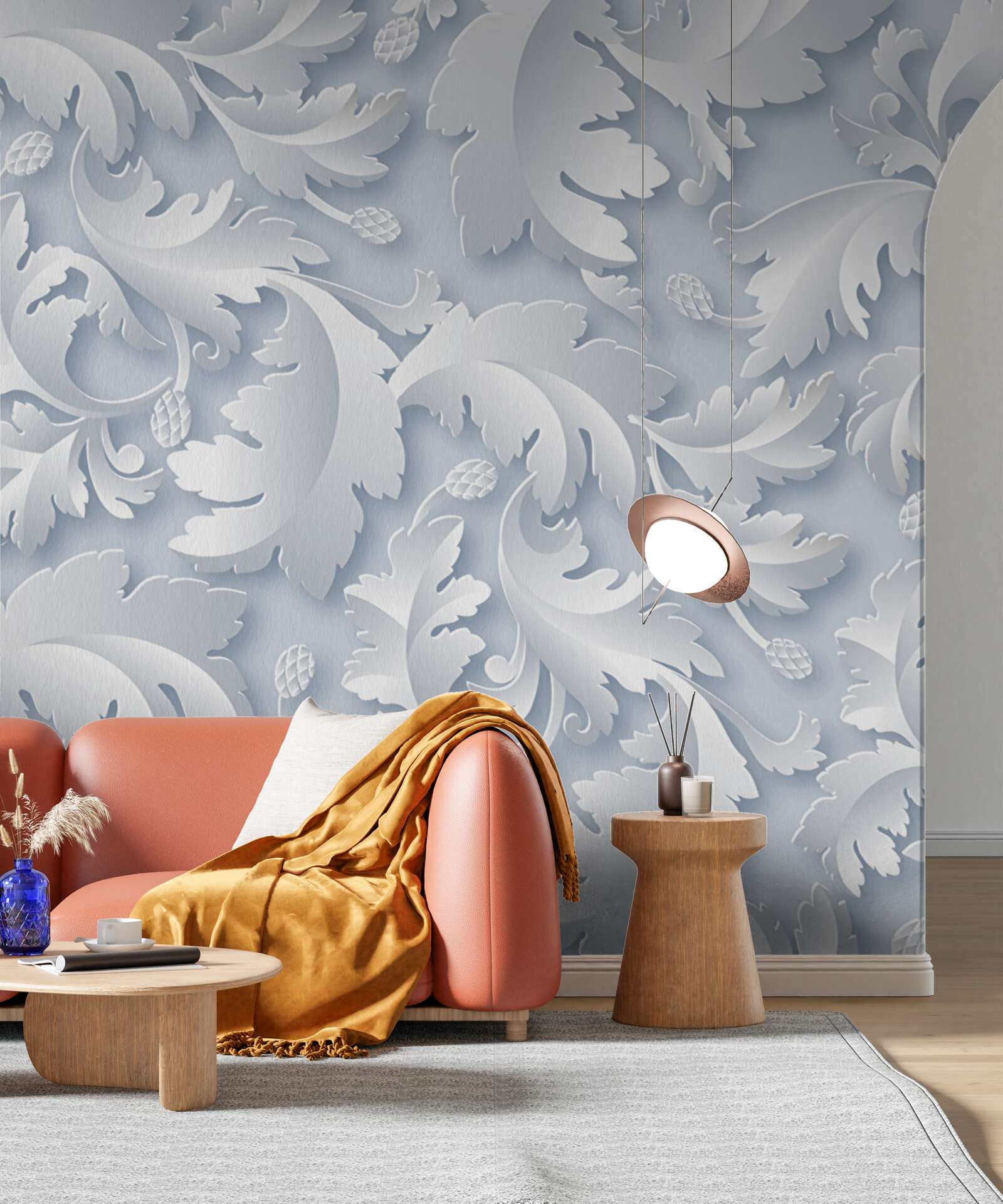 Fotobehang abstract met witte en zilveren bladeren