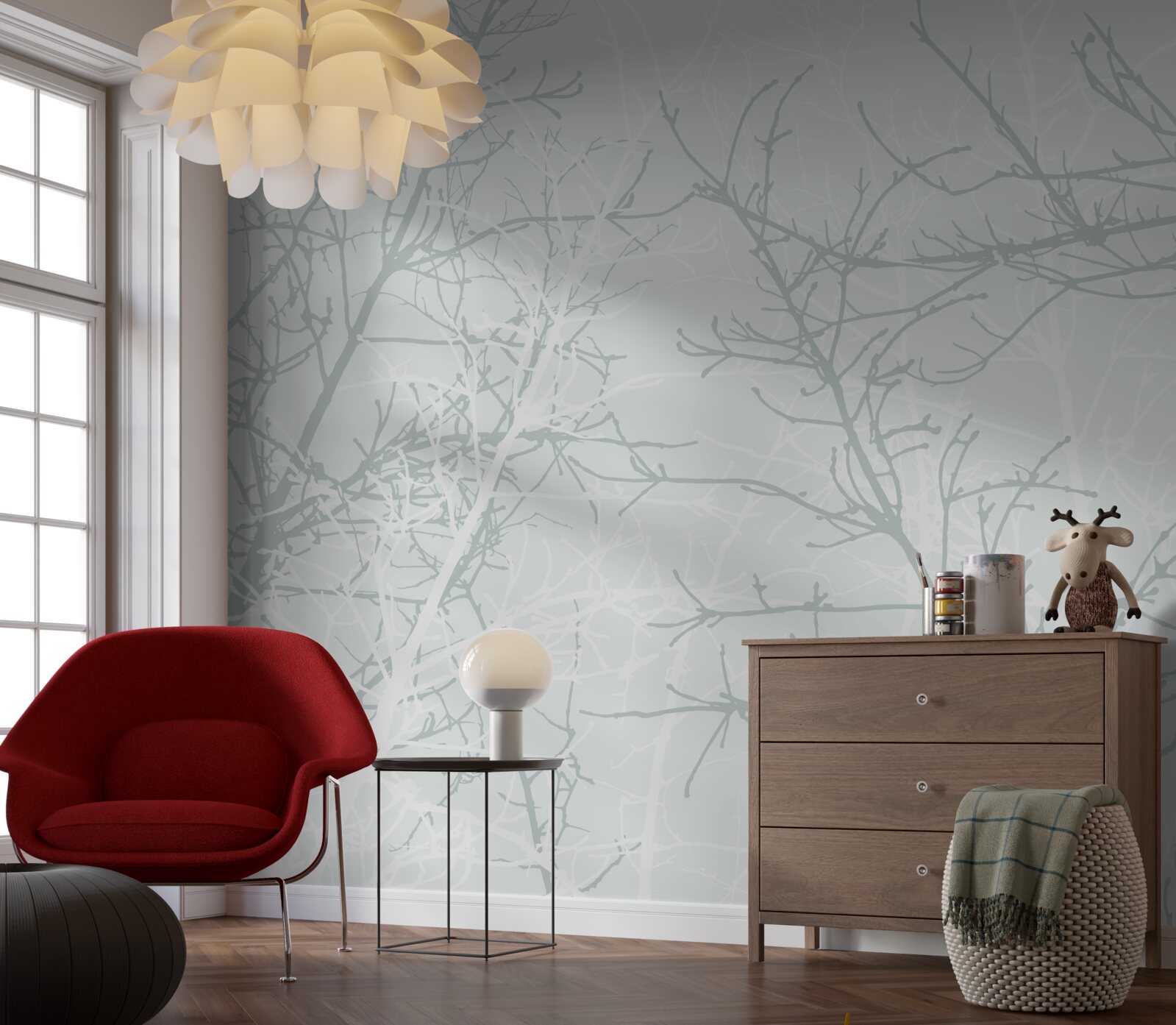 Fotobehang dunne boomtakken in de herfst