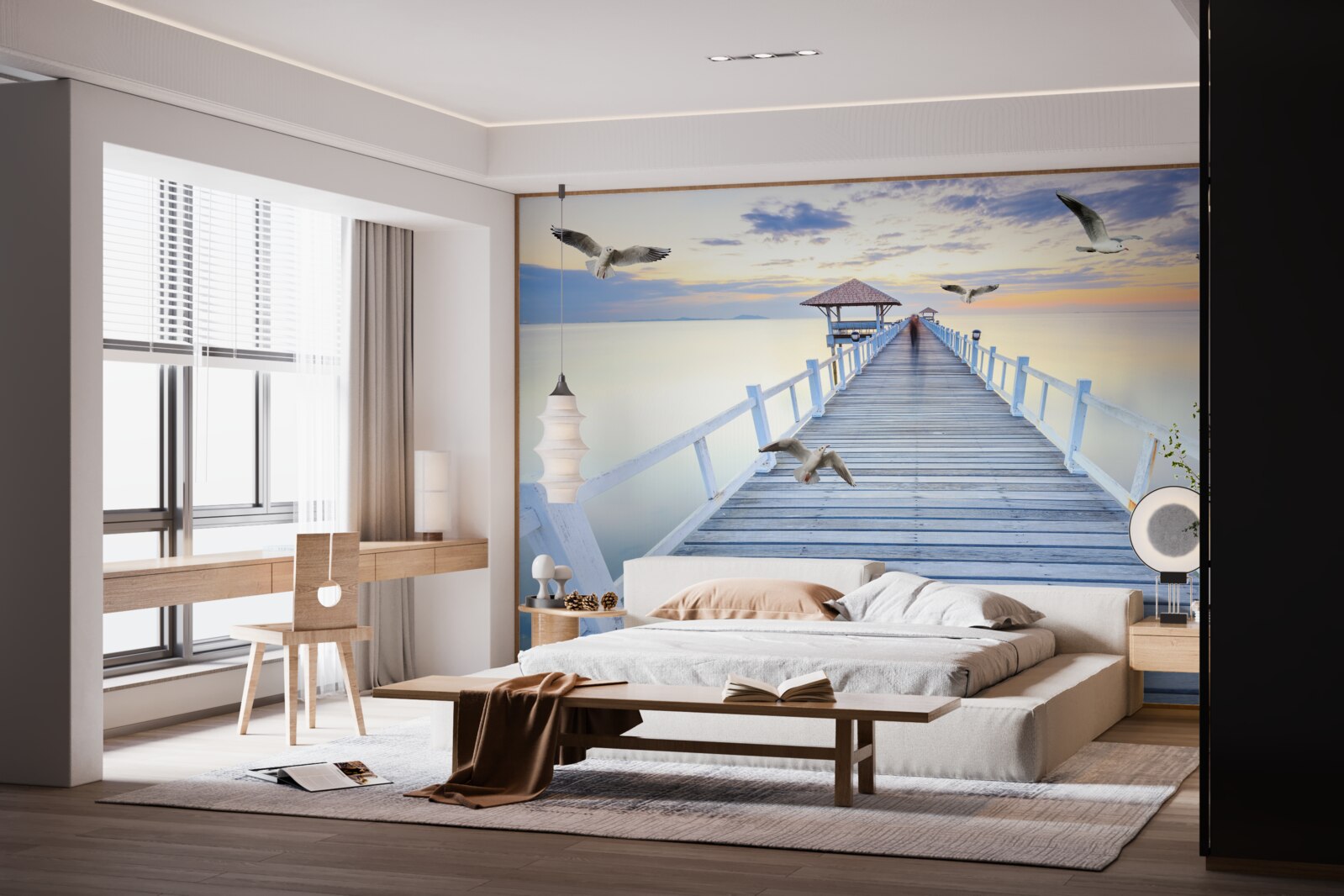 Fotobehang houten pier en passerende meeuwen