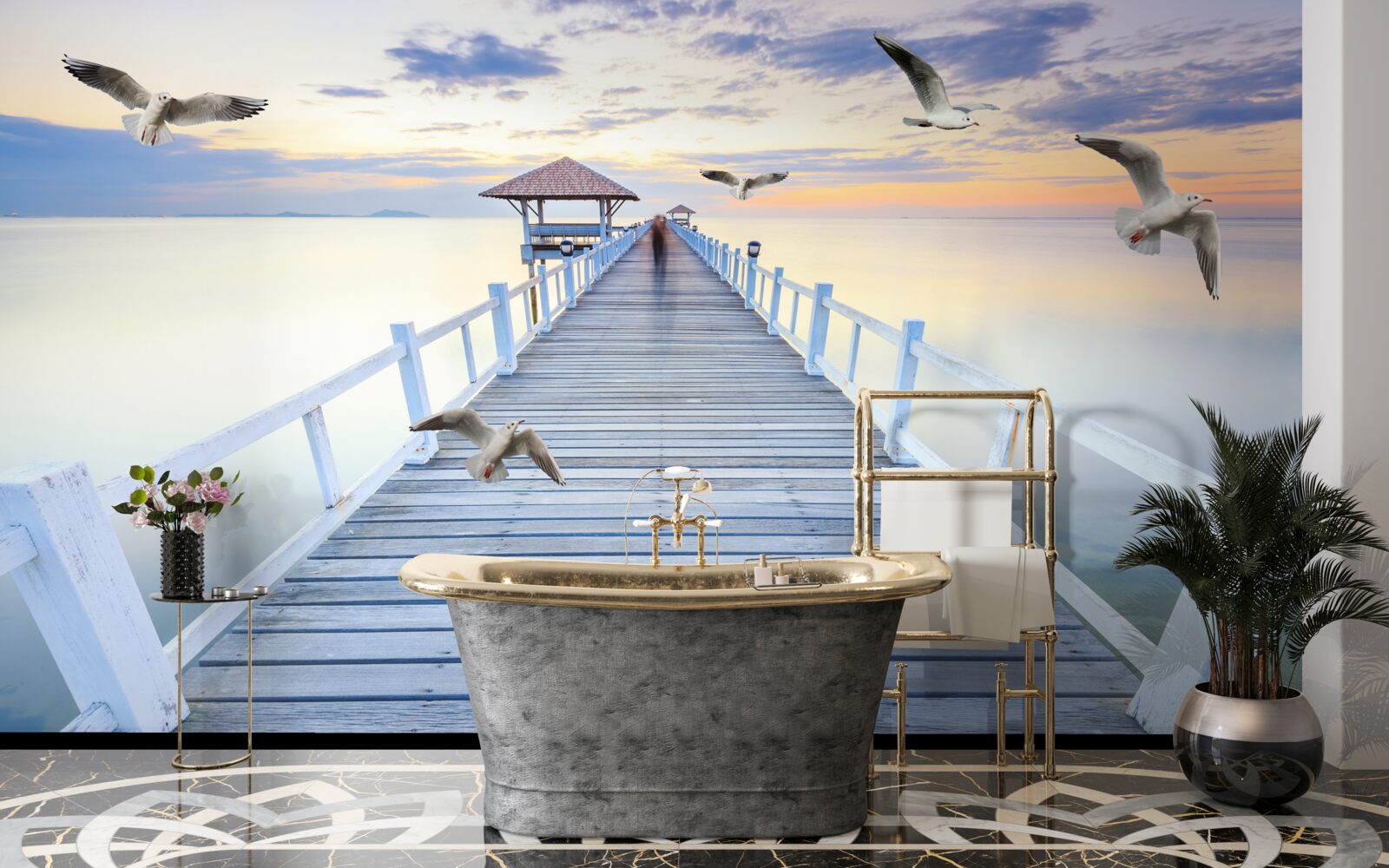 Fotobehang houten pier en passerende meeuwen