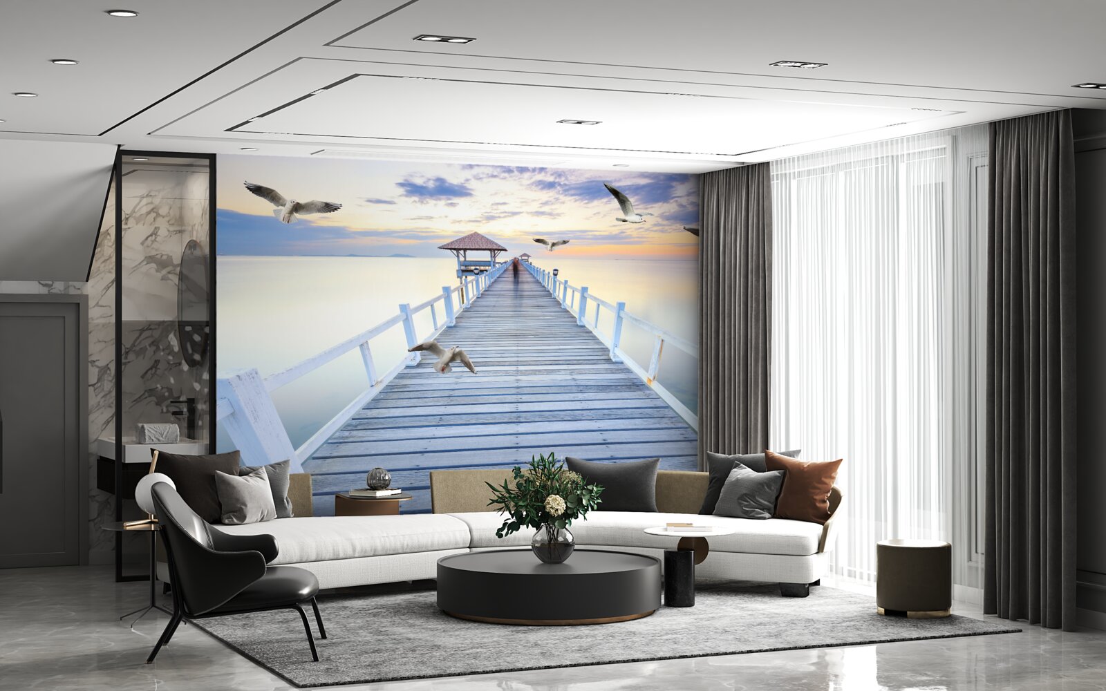 Fotobehang houten pier en passerende meeuwen