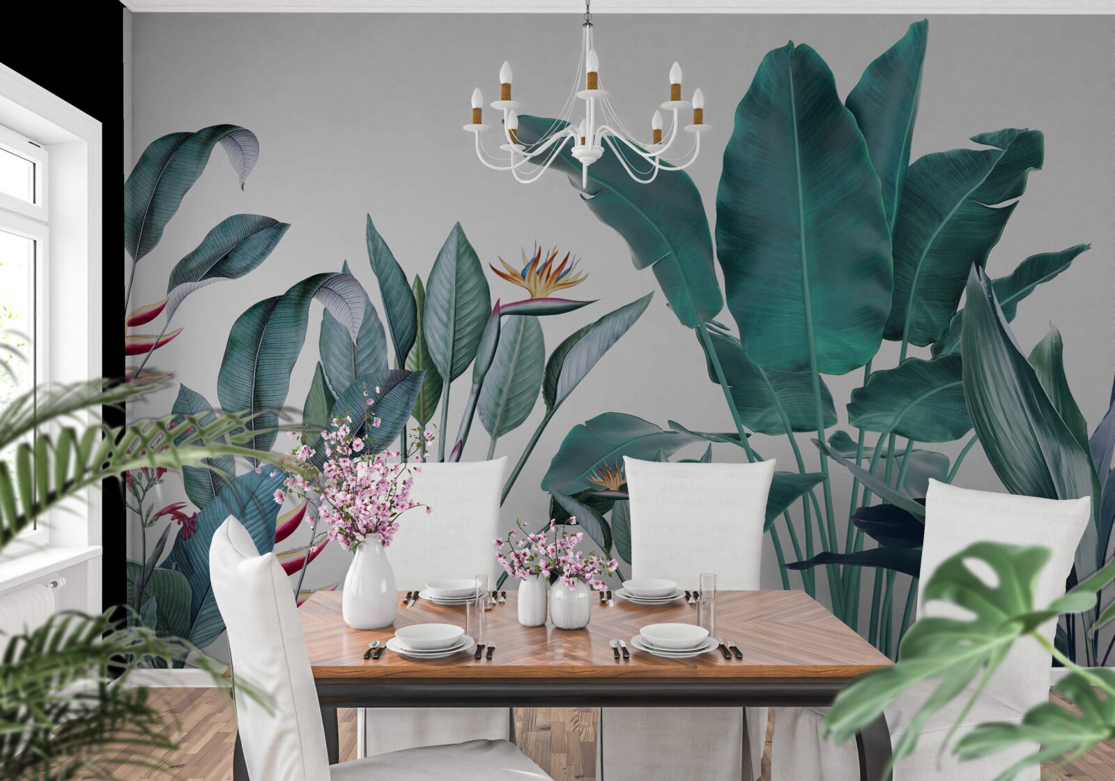 Fotobehang groene bloemen in de rokerige tropen