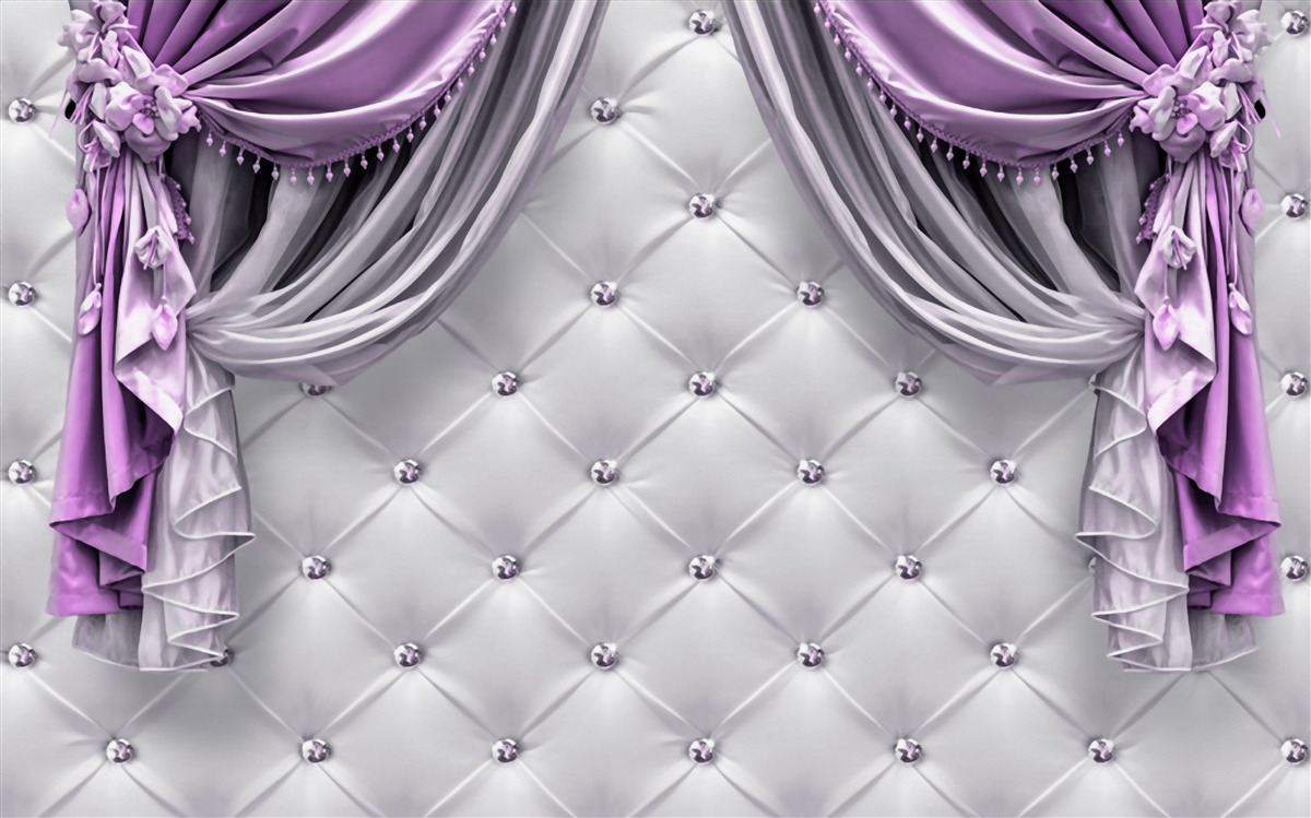 Fotobehang delicate witte stof en paarse gordijnen