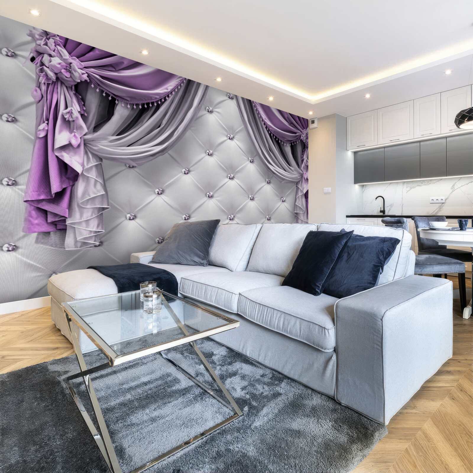 Fotobehang delicate witte stof en paarse gordijnen