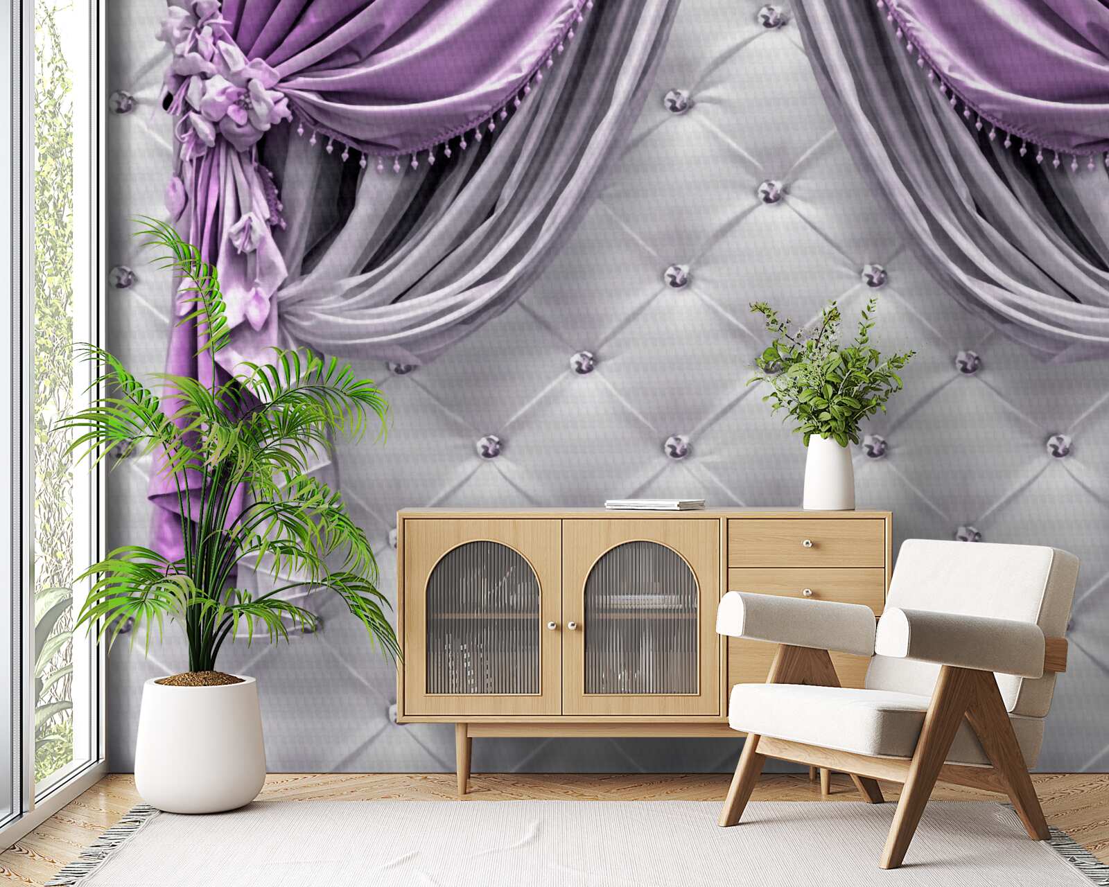 Fotobehang delicate witte stof en paarse gordijnen