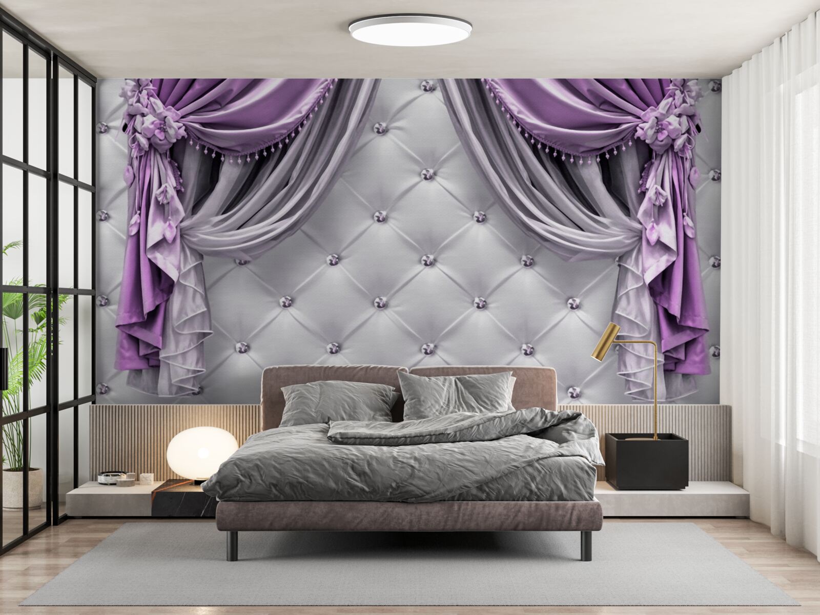 Fotobehang delicate witte stof en paarse gordijnen