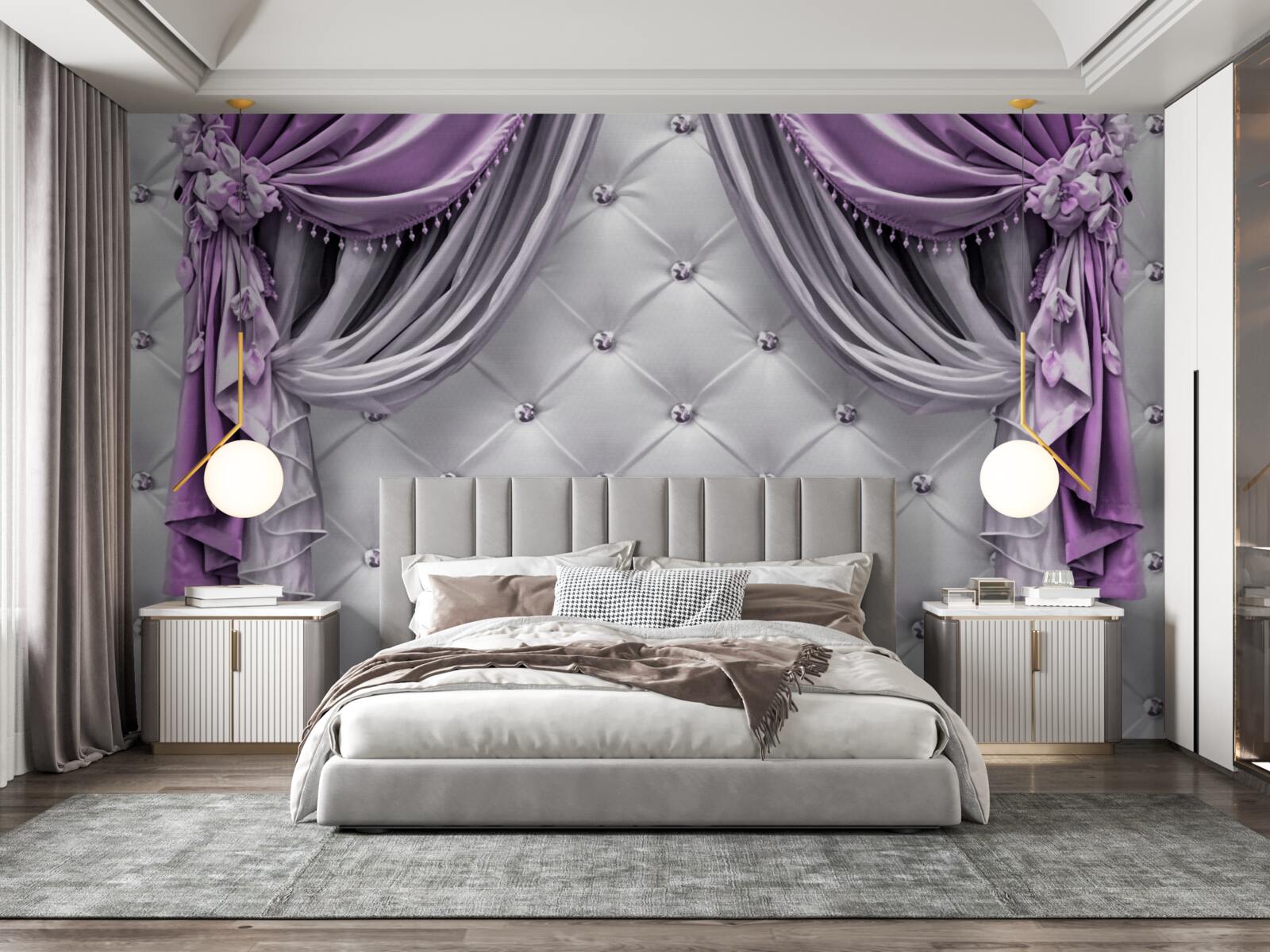 Fotobehang delicate witte stof en paarse gordijnen