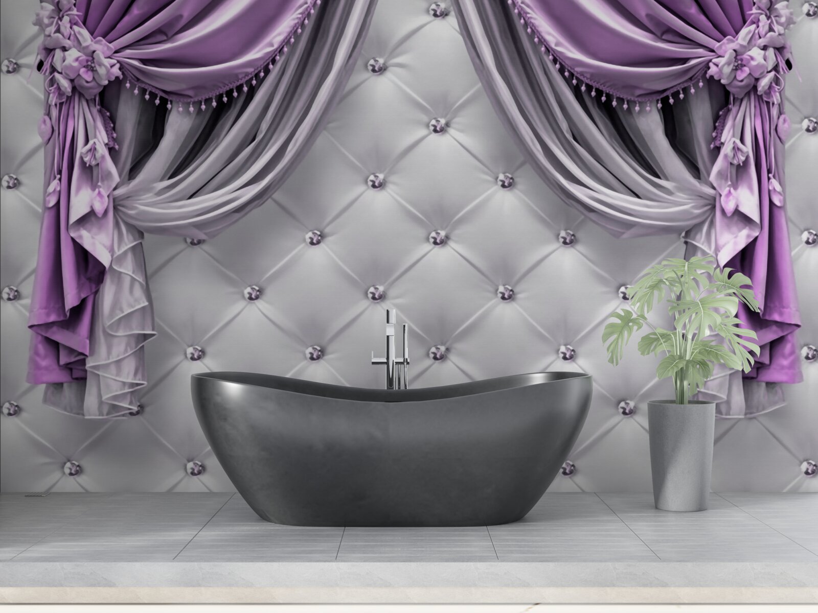 Fotobehang delicate witte stof en paarse gordijnen