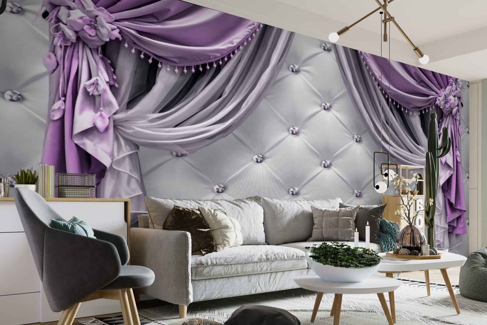 Fotobehang delicate witte stof en paarse gordijnen