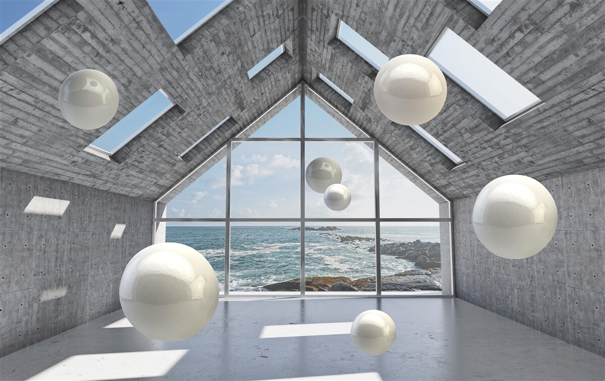 Fotobehang zwevende bolvormige parels in een grijs gebouw