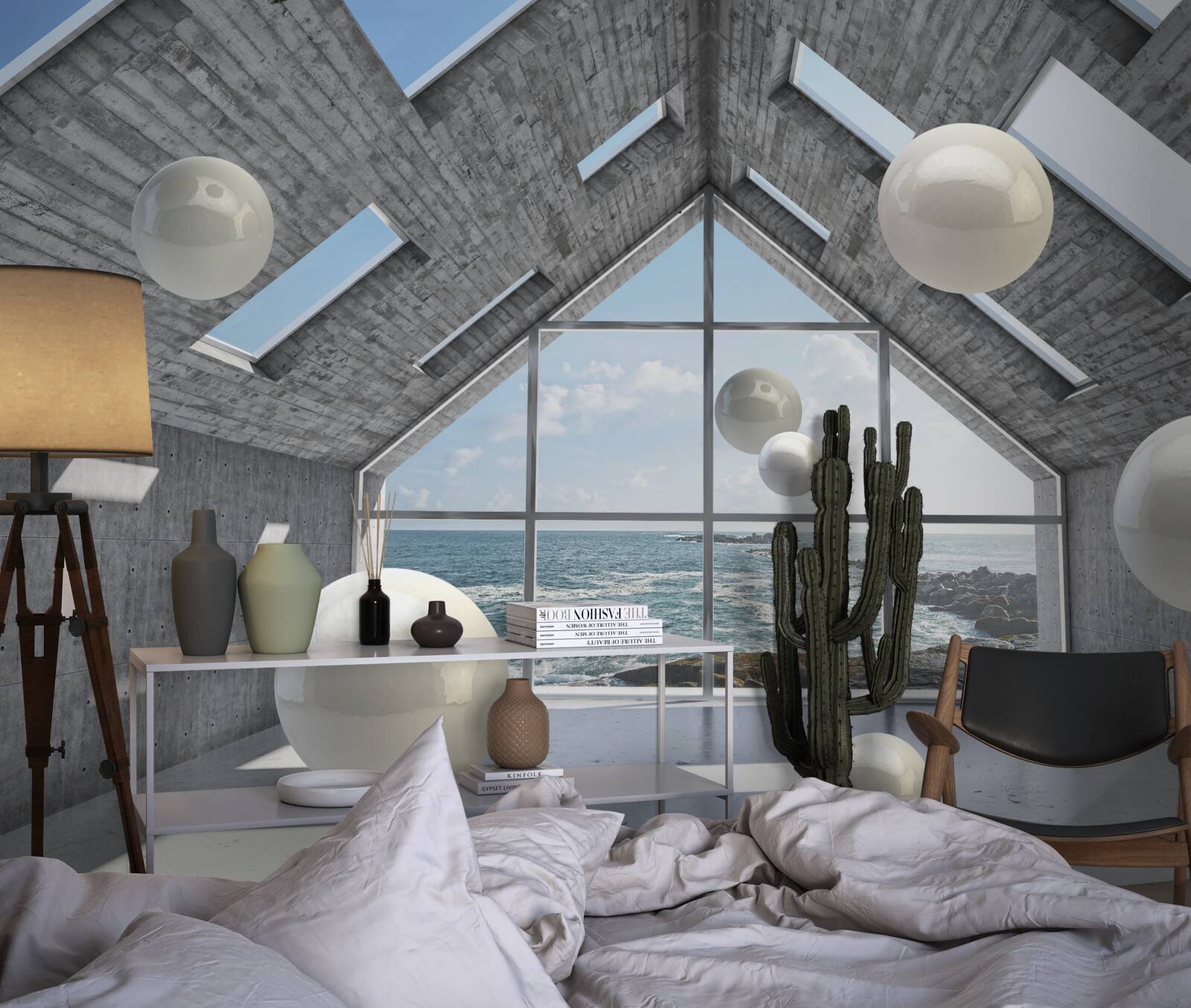 Fotobehang zwevende bolvormige parels in een grijs gebouw