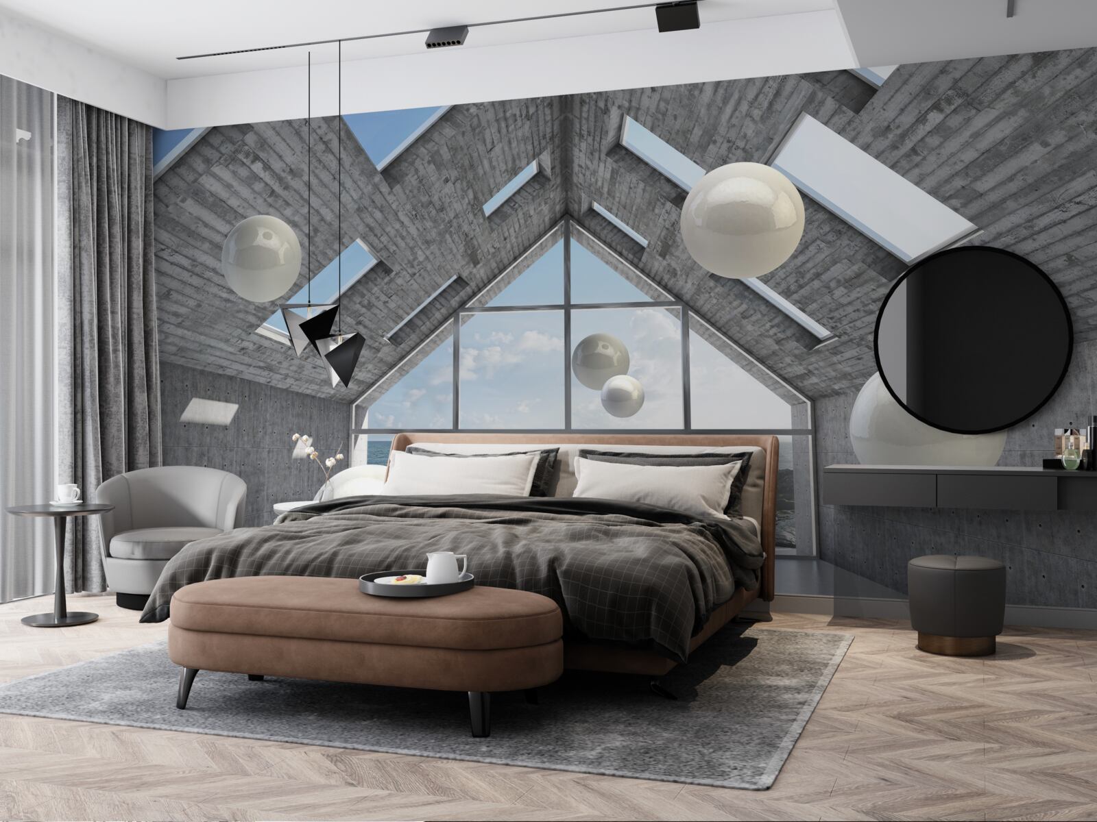 Fotobehang zwevende bolvormige parels in een grijs gebouw