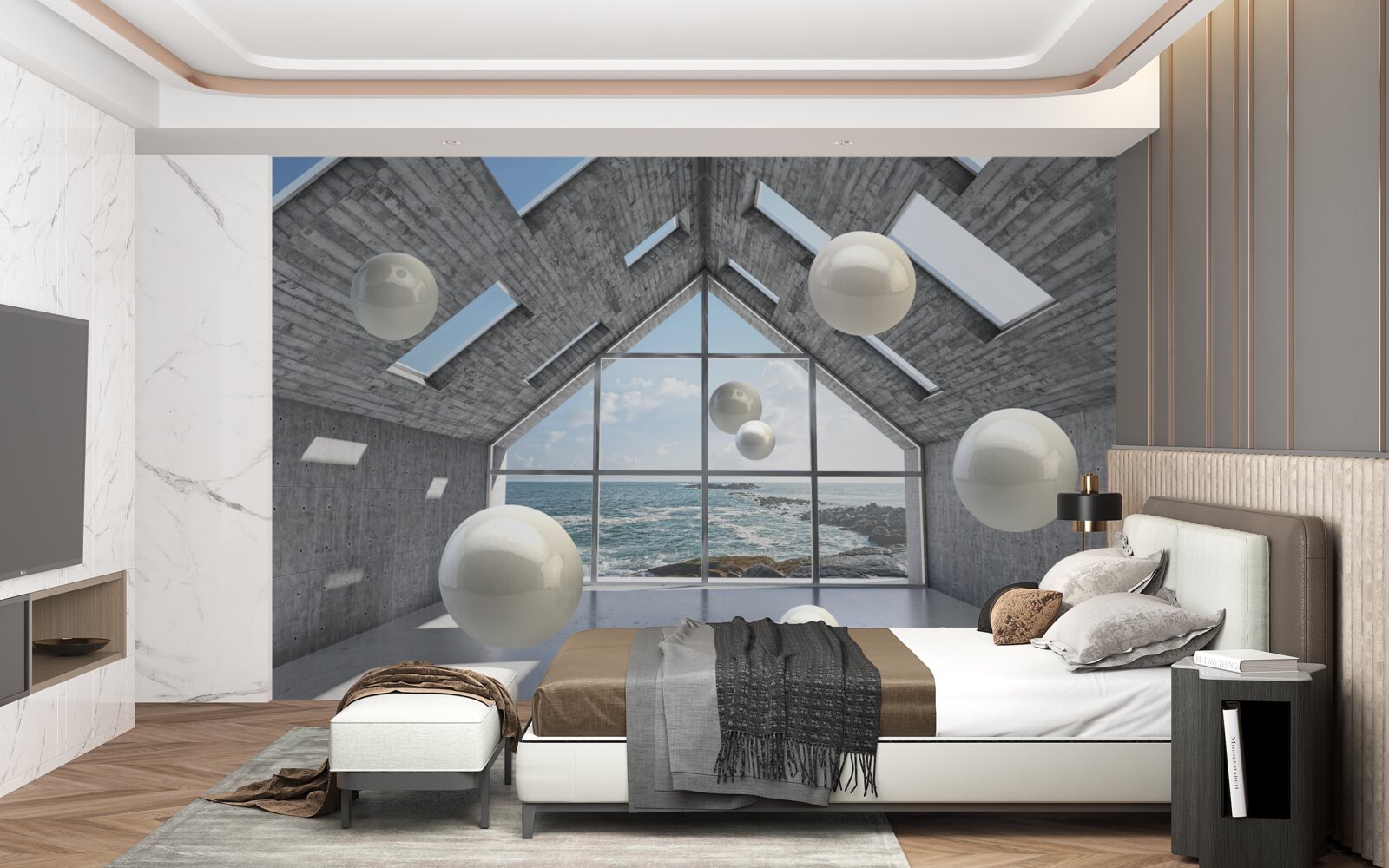 Fotobehang zwevende bolvormige parels in een grijs gebouw