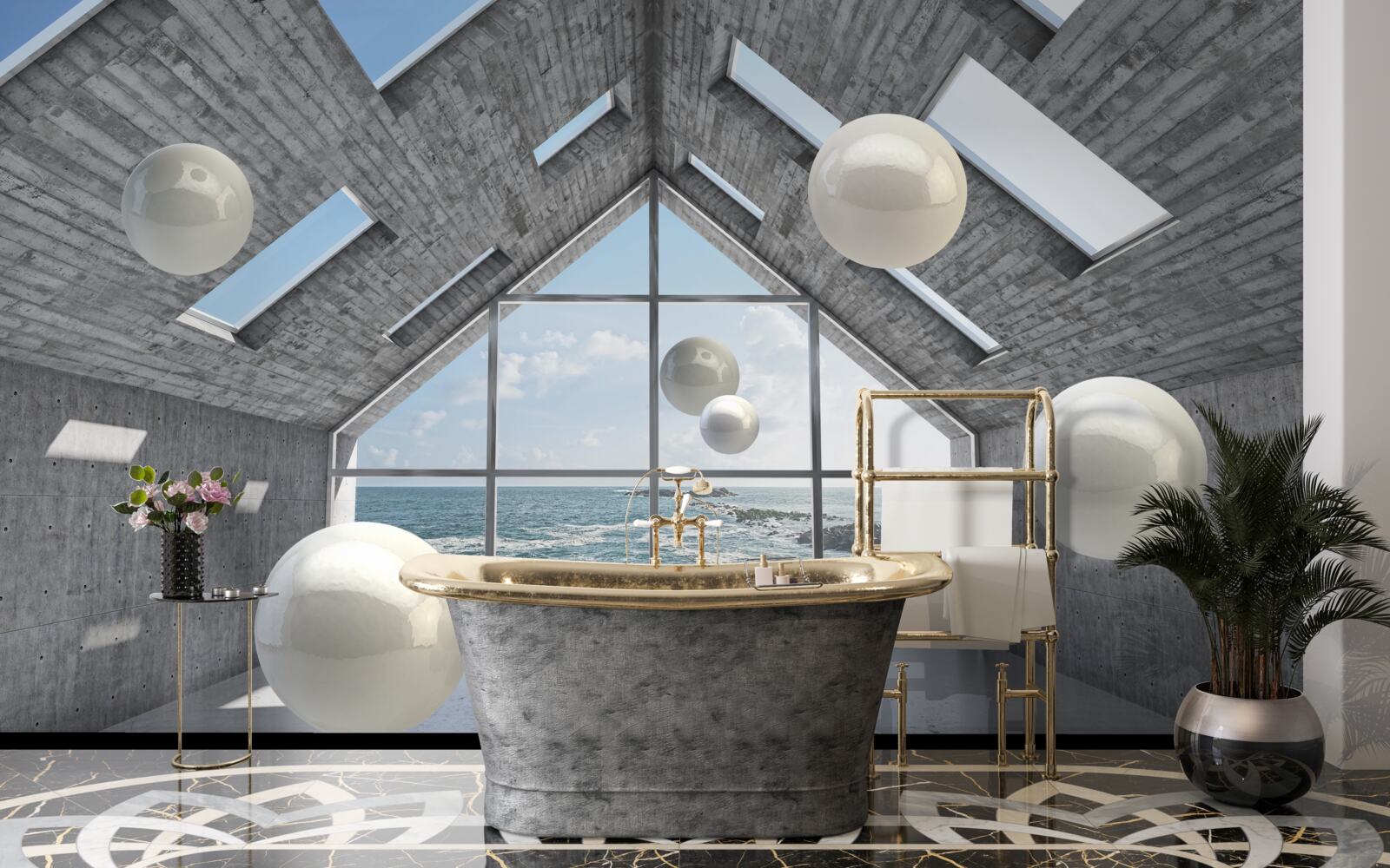 Fotobehang zwevende bolvormige parels in een grijs gebouw