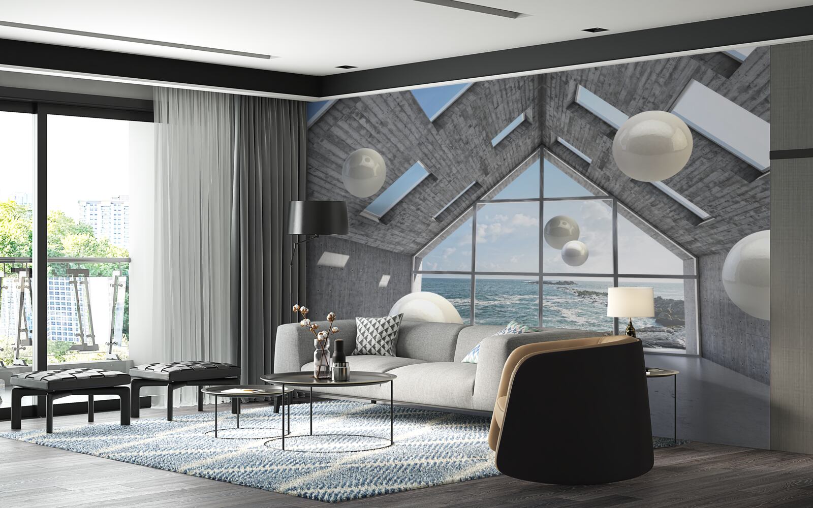 Fotobehang zwevende bolvormige parels in een grijs gebouw