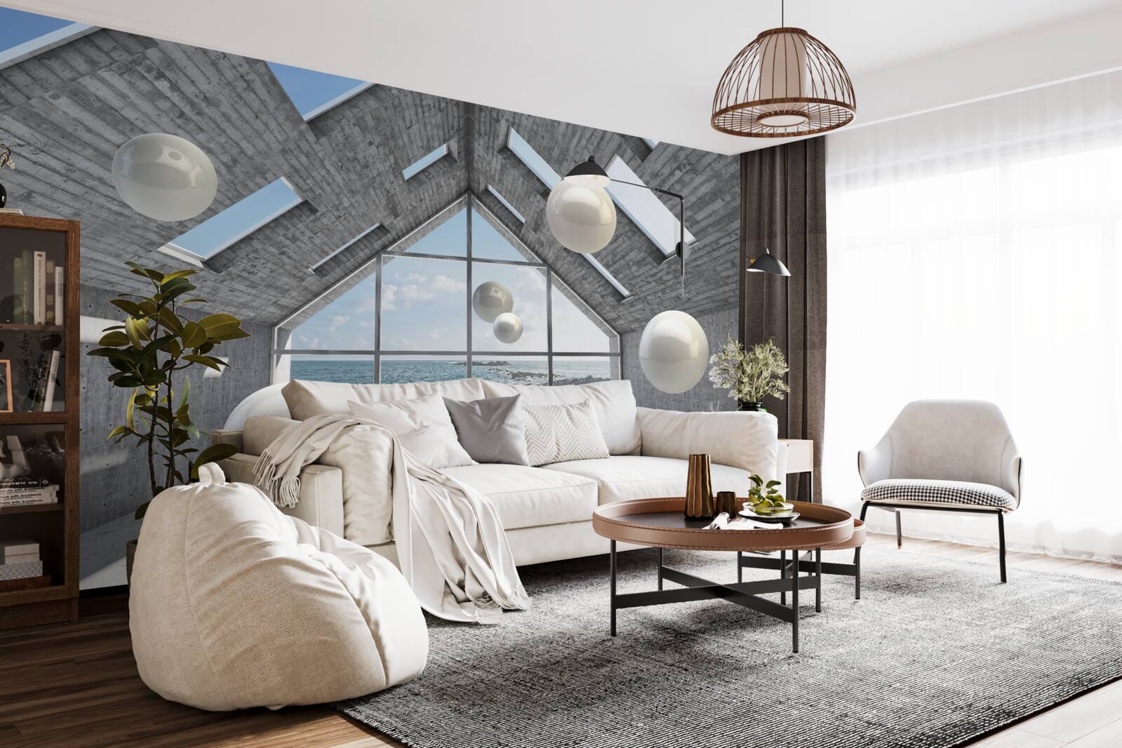 Fotobehang zwevende bolvormige parels in een grijs gebouw