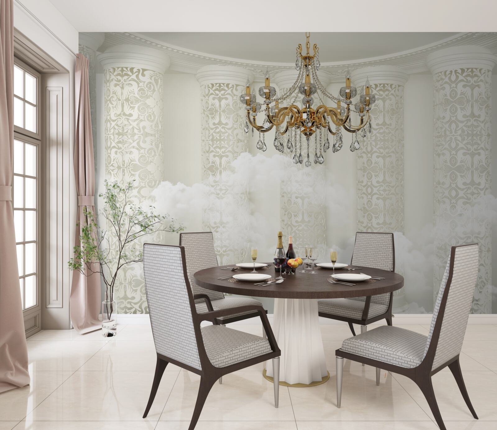 Fotobehang kroonluchter omgeven door bogen