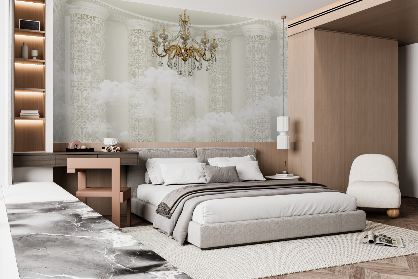 Fotobehang kroonluchter omgeven door bogen