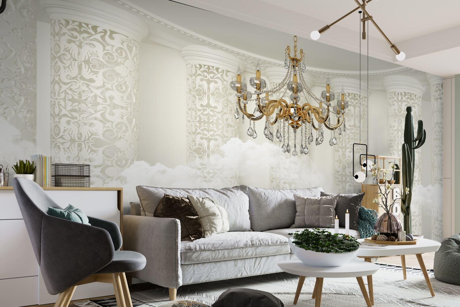 Fotobehang kroonluchter omgeven door bogen