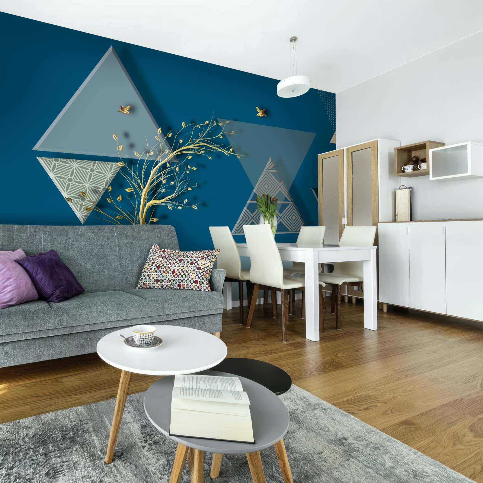 Fotobehang verschillende driehoeken op een blauwe achtergrond